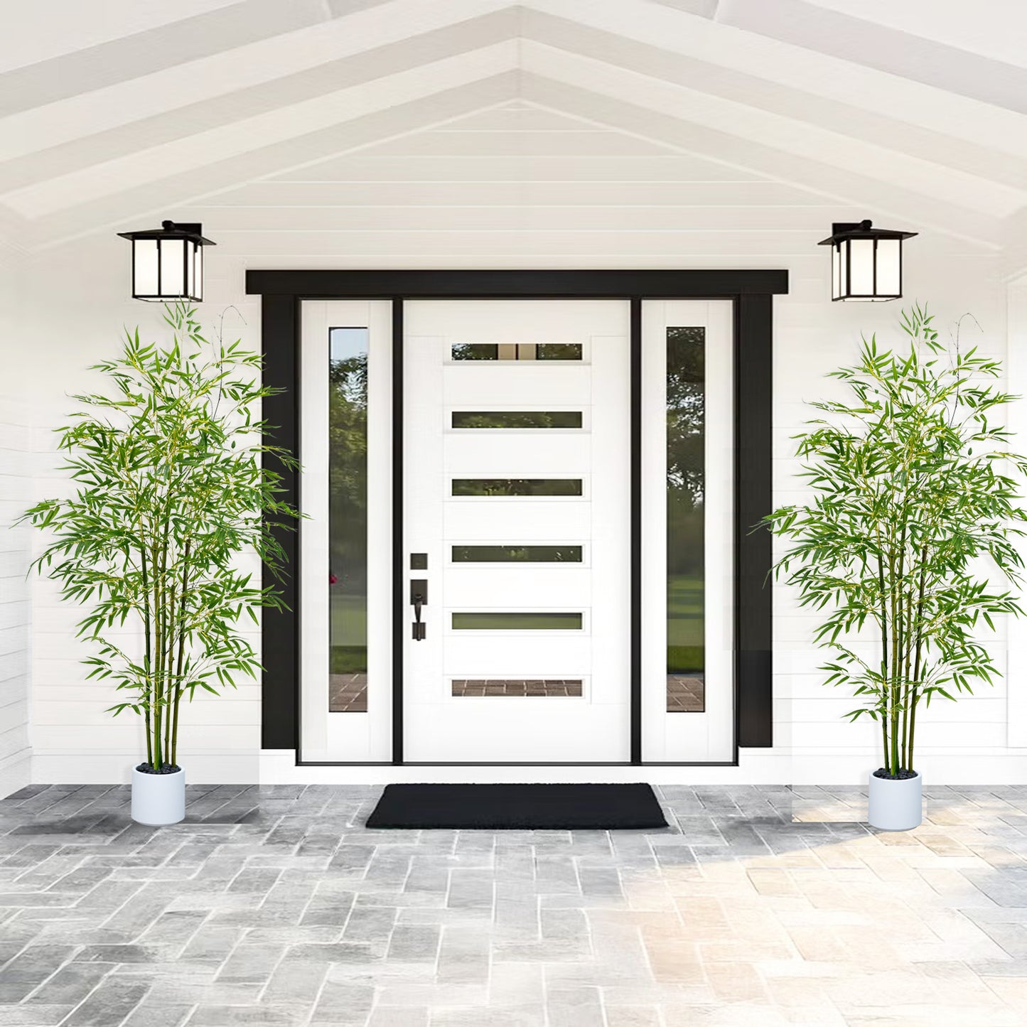 150cm Artificial Bamboo Tree with Tall White Planter - 5 Natural Bamboo Trunks & Silk Leaves, Realistic Faux Indoor Outdoor Plant for Home, Office, Living Room, Mall, Hotel, Garden Decor