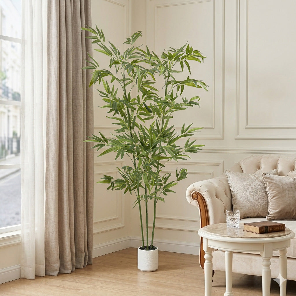 160cm Artificial Bamboo Tree with Tall White Planter - 3 Lifelike Natural Trunks & Silk Leaves, Realistic Faux Indoor Outdoor Plant for Home, Office, Living Room, Mall, Hotel, Garden Decor