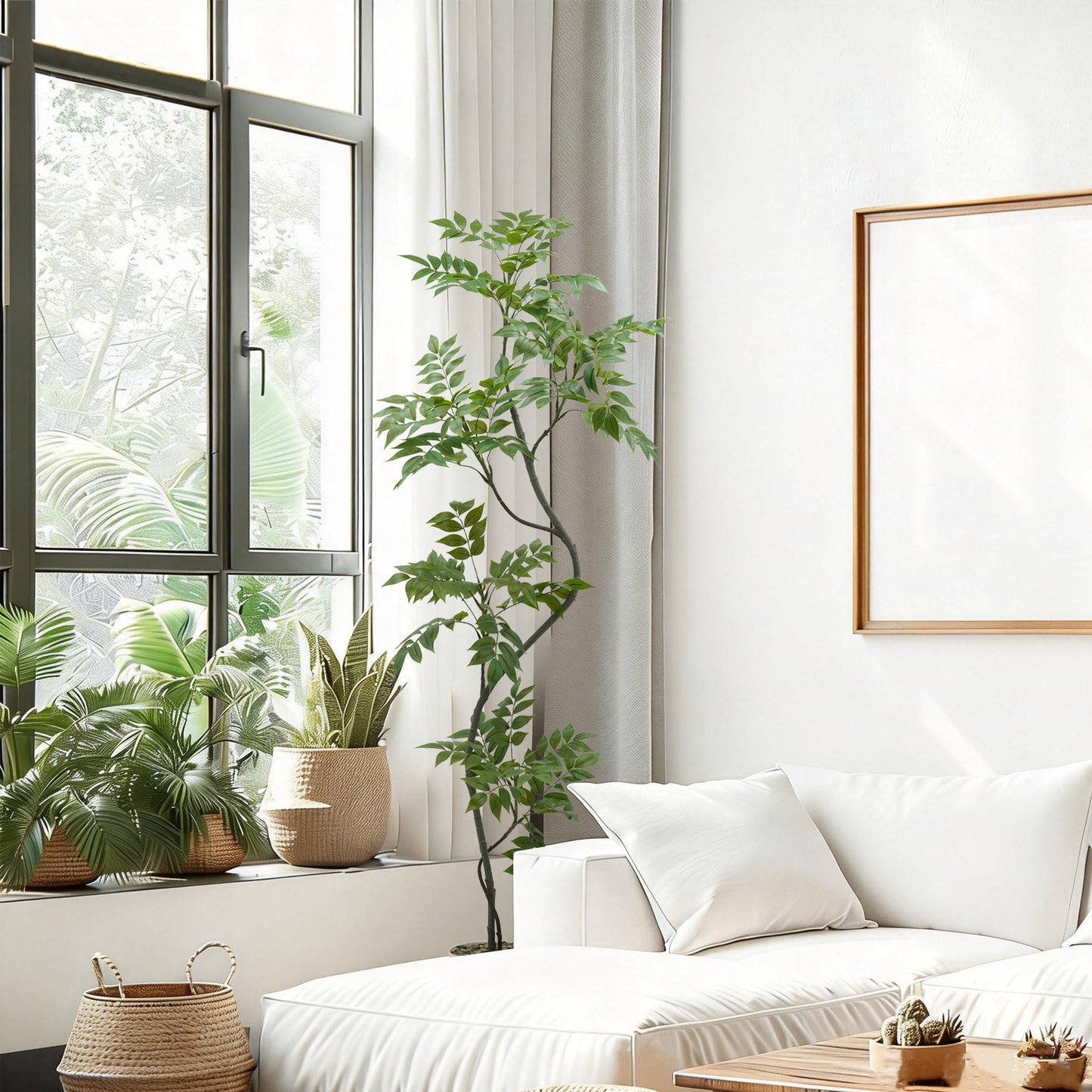 150cm Artificial Sumac Tree with White Pot, Tall Faux Plants Indoor, Large Fake Tree with Nearly Natural Silk Plant (Real Touch), for Indoor, Outdoor, Office, Living Room, Patio, Home Decor