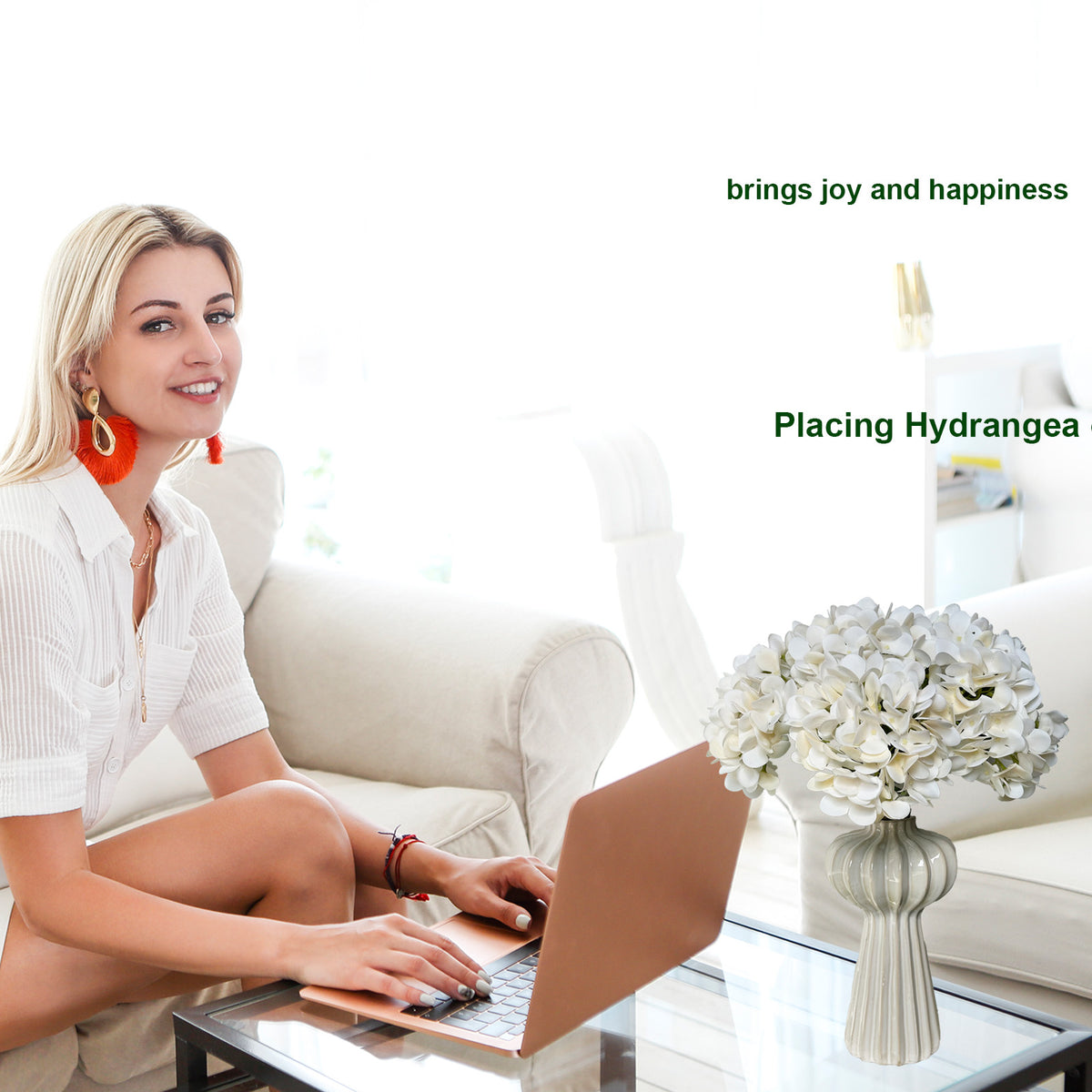 Artificial Hydrangea Flowers with Vase,5Pcs Silk Fake Flowers Arrangements in Vase for Home Office Table Centerpiece Shelf Decorations