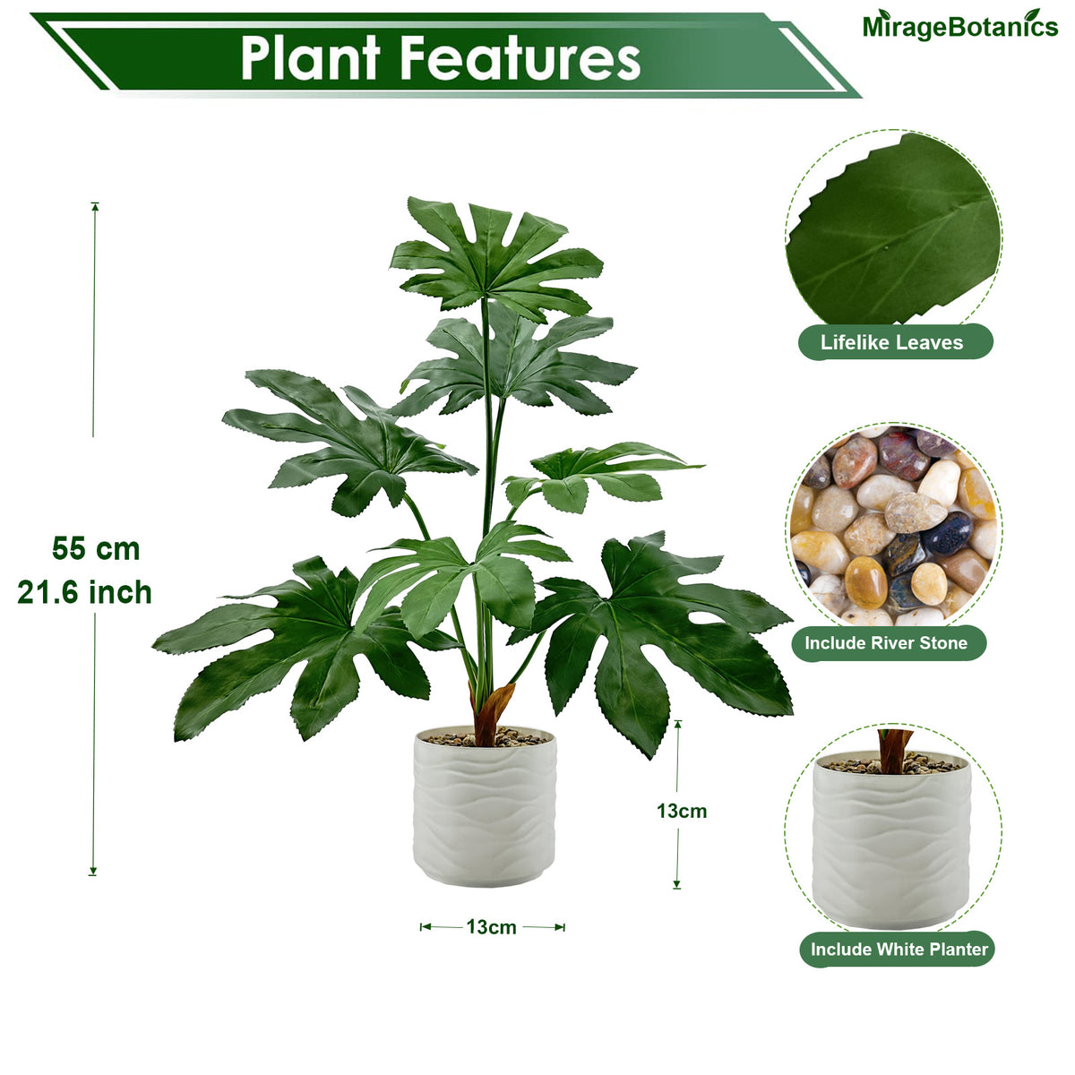 55cm Artificial Fatsia Japonica Tree Faux Plant with White Pot, Fake Plants Large Tropical Palm Tree, in Pot for Indoor Outdoor Office Garden Balcony Patio Home Decor