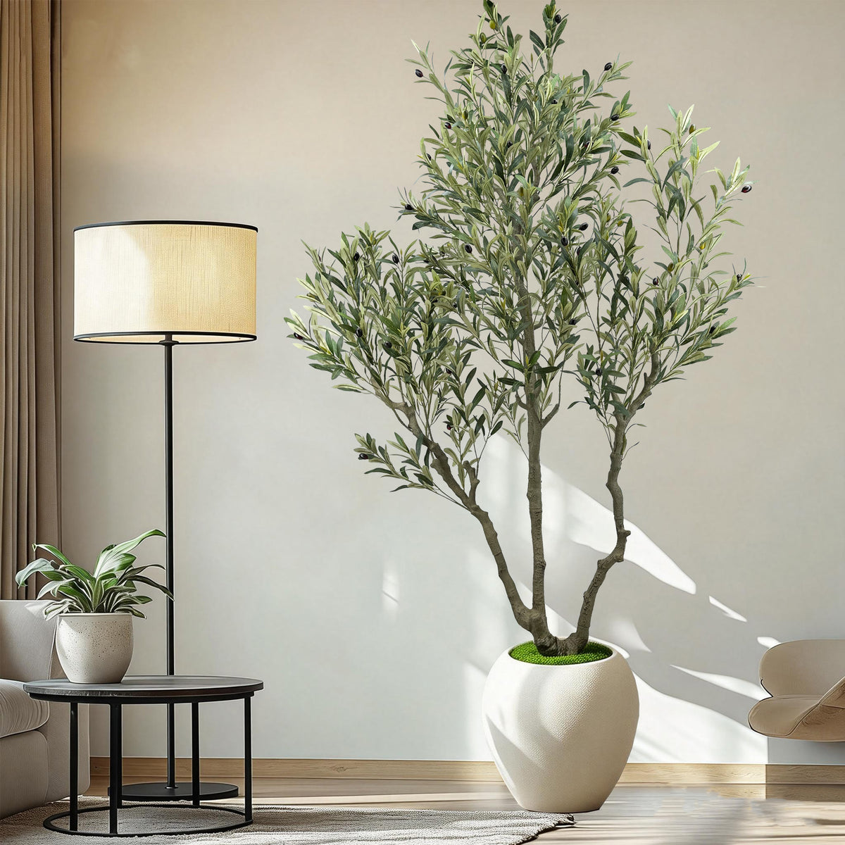 244cm Artificial Olive Trees Indoor,Faux Olive Tree 3 Trunks with White Planter Pot,Artificial Plants Lifelike Fruits for Home Office MeetingRoom Living Room Indoor Outdoor Decor