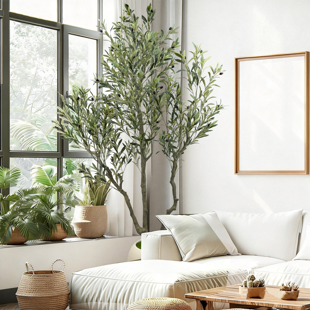 244cm Artificial Olive Trees Indoor,Faux Olive Tree 3 Trunks with White Planter Pot,Artificial Plants Lifelike Fruits for Home Office MeetingRoom Living Room Indoor Outdoor Decor