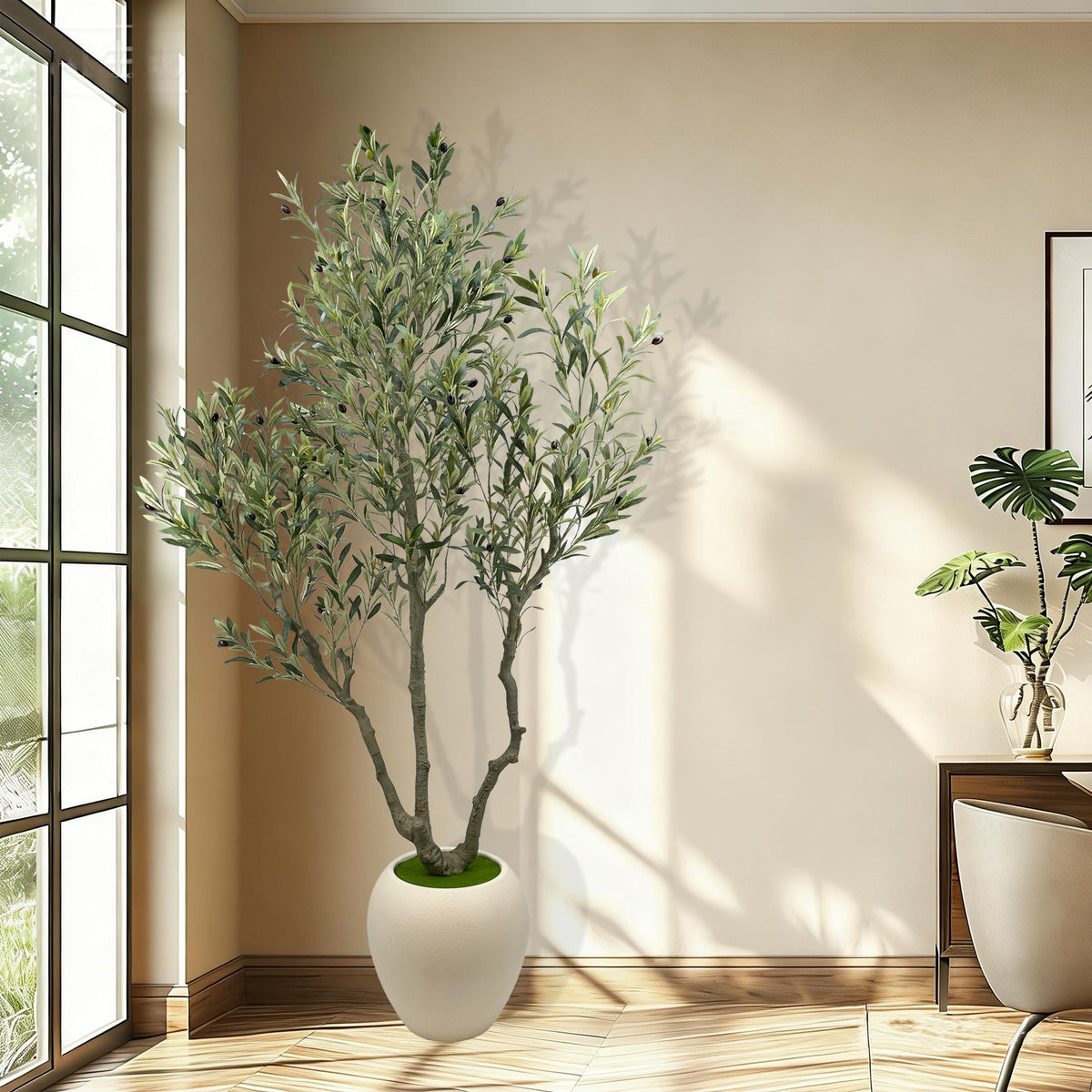 244cm Artificial Olive Trees Indoor,Faux Olive Tree 3 Trunks with White Planter Pot,Artificial Plants Lifelike Fruits for Home Office MeetingRoom Living Room Indoor Outdoor Decor