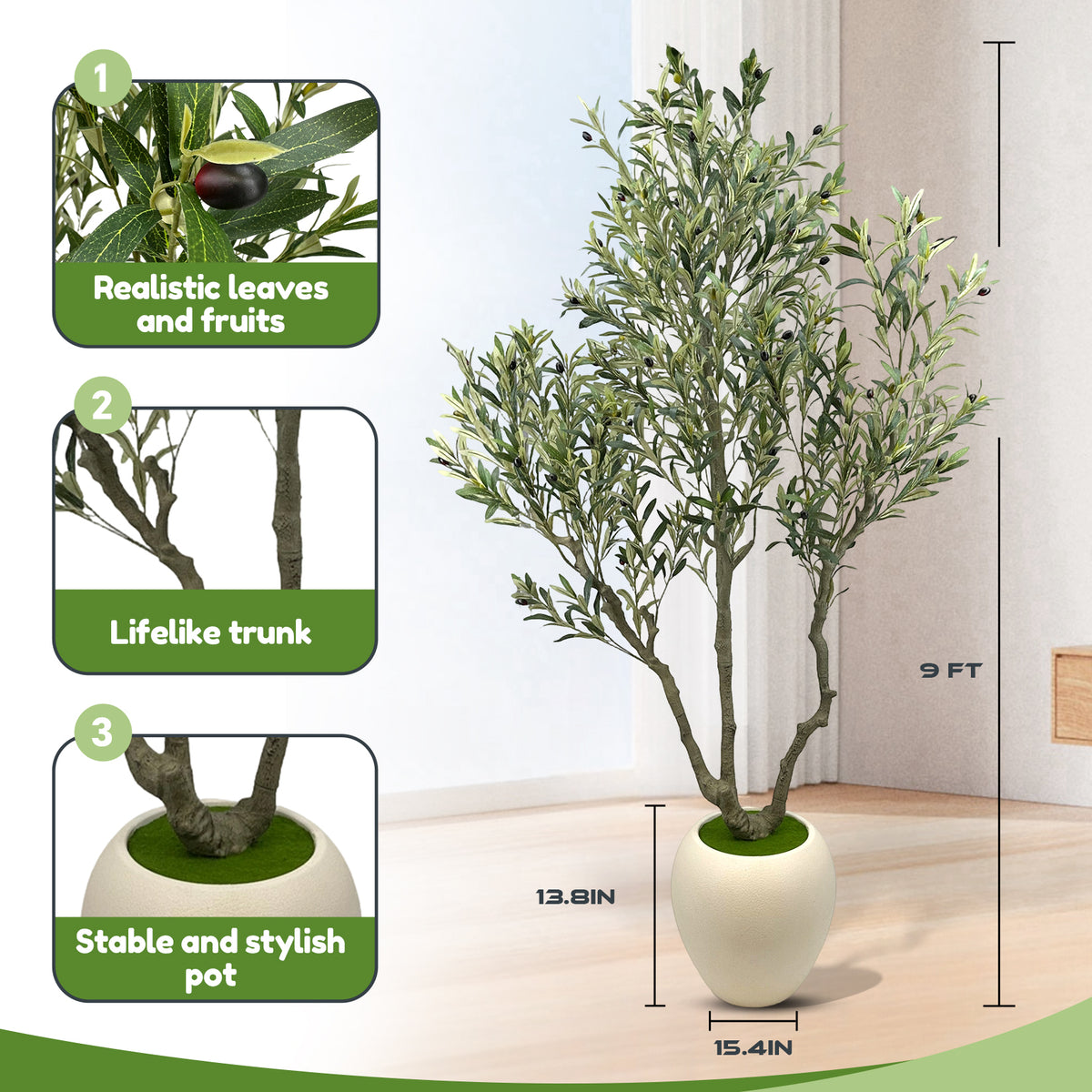 244cm Artificial Olive Trees Indoor,Faux Olive Tree 3 Trunks with White Planter Pot,Artificial Plants Lifelike Fruits for Home Office MeetingRoom Living Room Indoor Outdoor Decor