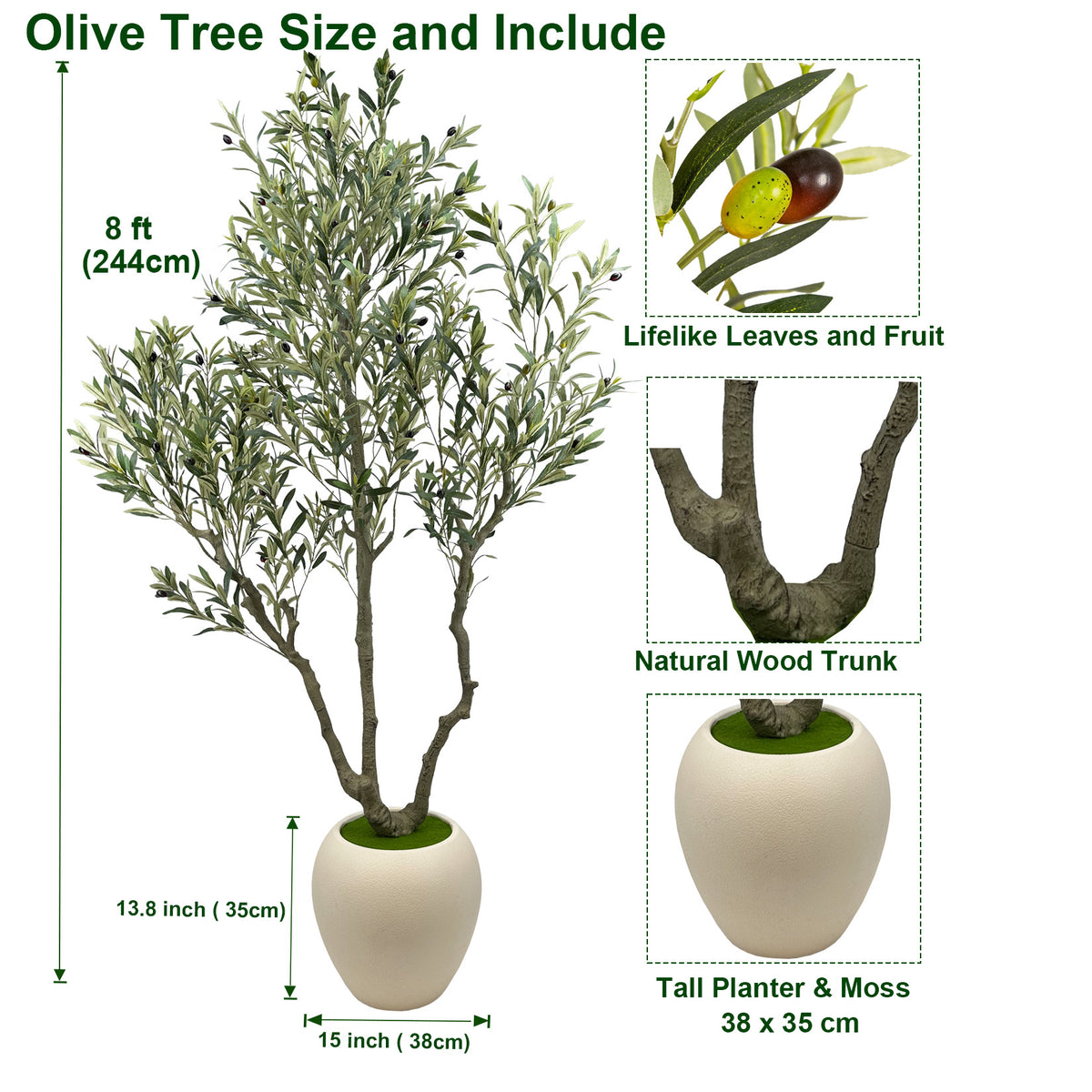 244cm Artificial Olive Trees Indoor,Faux Olive Tree 3 Trunks with White Planter Pot,Artificial Plants Lifelike Fruits for Home Office MeetingRoom Living Room Indoor Outdoor Decor