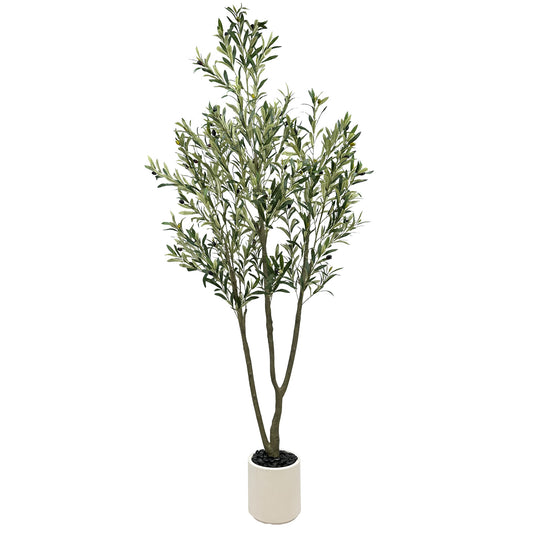214cm Artificial Olive Trees Indoor,Faux Olive Tree 3 Trunks with White Planter Pot,Artificial Plants Lifelike Fruits for Home Office Meeting Room Living Room Indoor Outdoor Decor