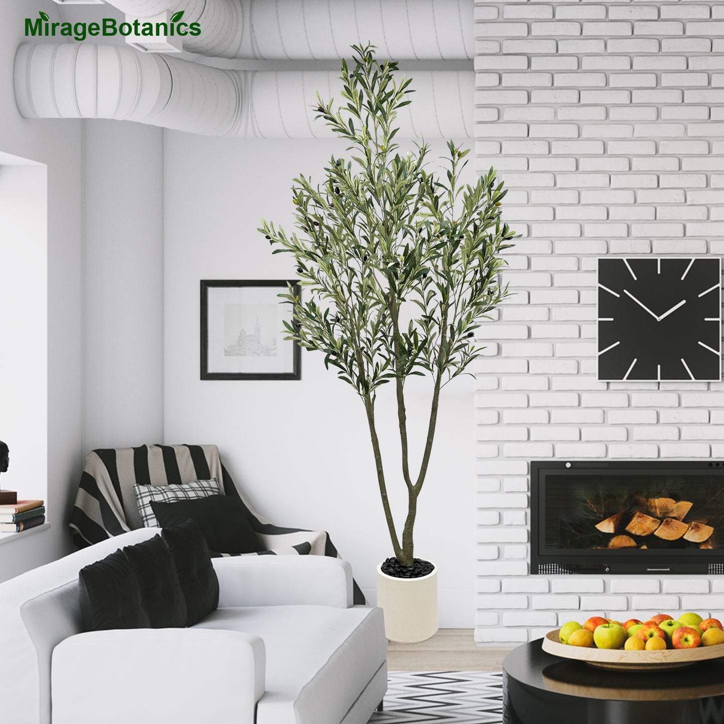 214cm Artificial Olive Trees Indoor,Faux Olive Tree 3 Trunks with White Planter Pot,Artificial Plants Lifelike Fruits for Home Office Meeting Room Living Room Indoor Outdoor Decor