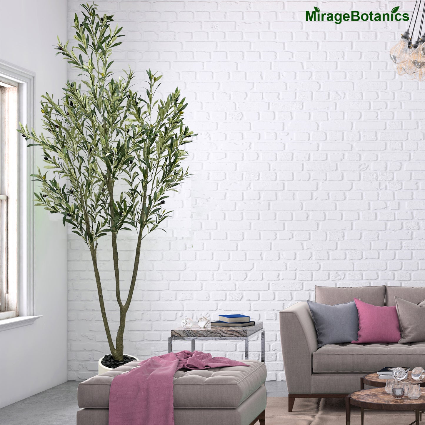 214cm Artificial Olive Trees Indoor,Faux Olive Tree 3 Trunks with White Planter Pot,Artificial Plants Lifelike Fruits for Home Office Meeting Room Living Room Indoor Outdoor Decor