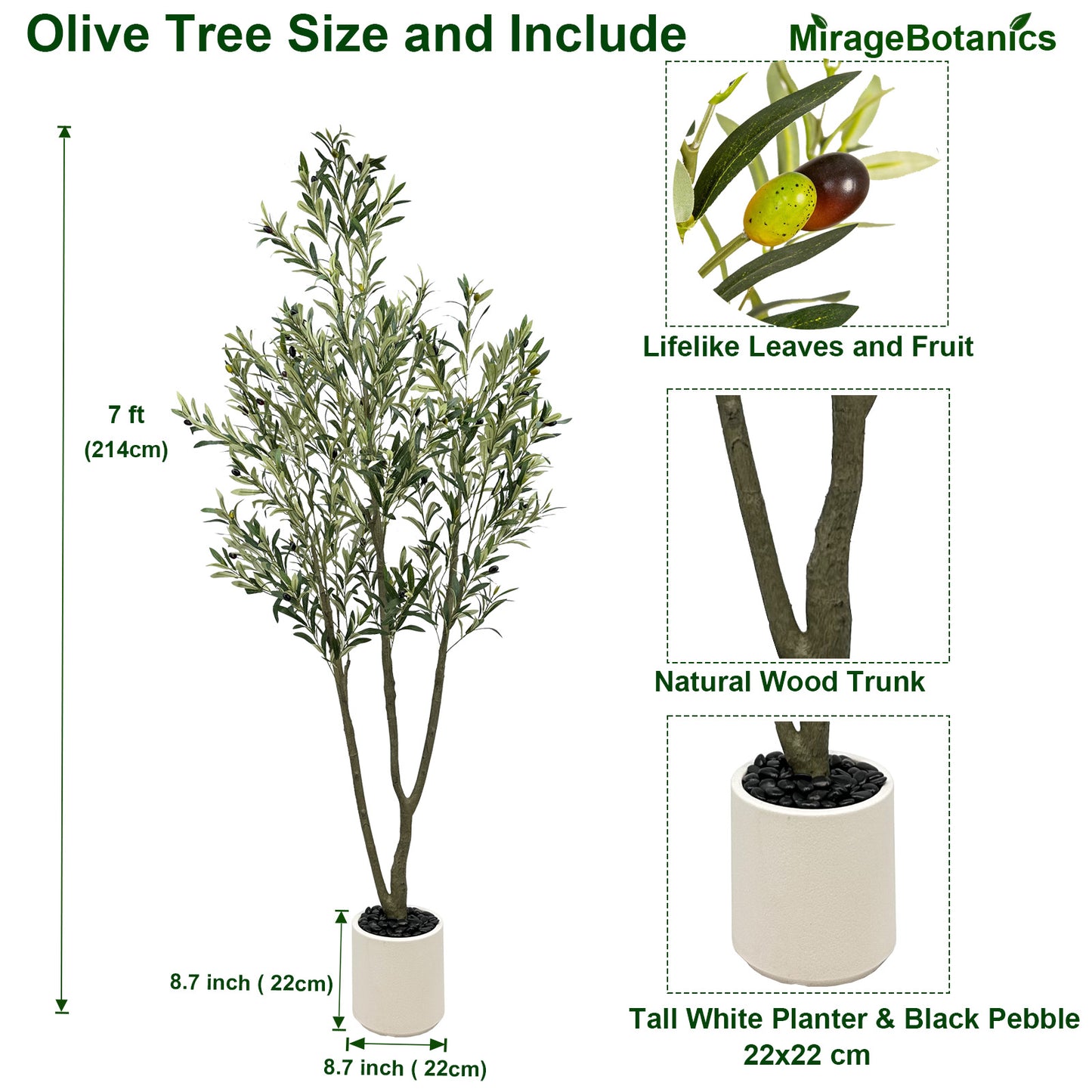 214cm Artificial Olive Trees Indoor,Faux Olive Tree 3 Trunks with White Planter Pot,Artificial Plants Lifelike Fruits for Home Office Meeting Room Living Room Indoor Outdoor Decor