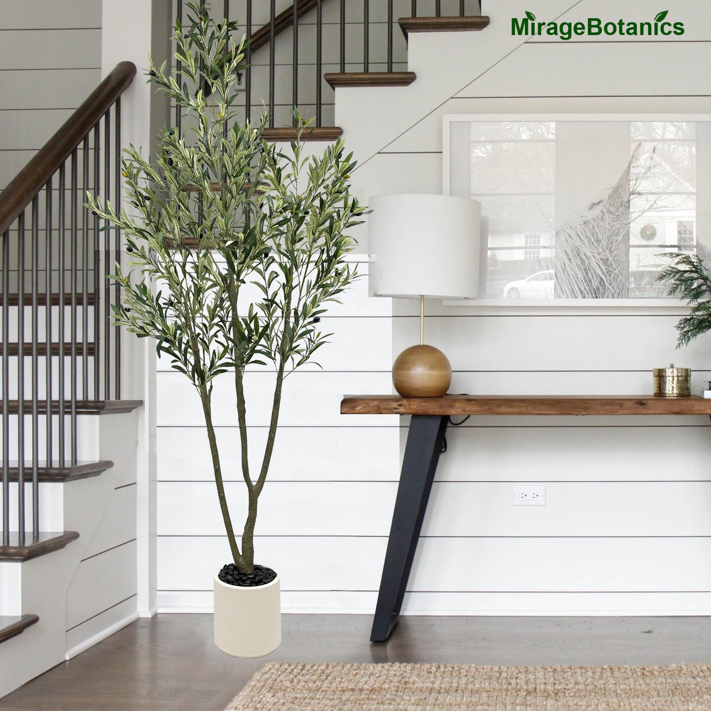 214cm Artificial Olive Trees Indoor,Faux Olive Tree 3 Trunks with White Planter Pot,Artificial Plants Lifelike Fruits for Home Office Meeting Room Living Room Indoor Outdoor Decor