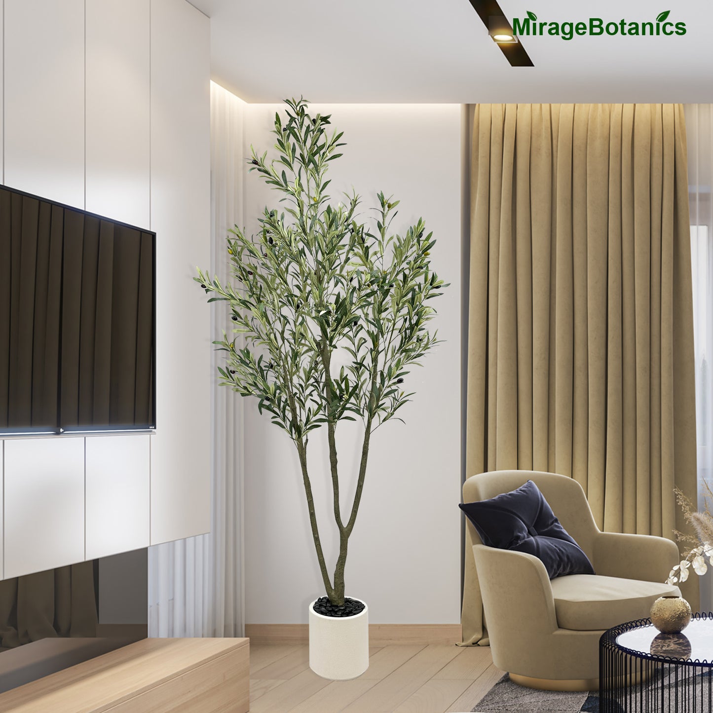 214cm Artificial Olive Trees Indoor,Faux Olive Tree 3 Trunks with White Planter Pot,Artificial Plants Lifelike Fruits for Home Office Meeting Room Living Room Indoor Outdoor Decor