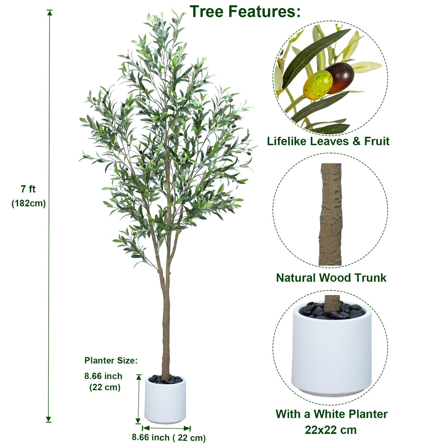 215cm Artificial Olive Trees Indoor,Faux Olive Tree with White Planter Pot,Artificial Plants Lifelike Fruits for Home Office MeetingRoom Living Room Indoor Outdoor Decor