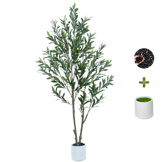 156cm Artificial Olive Trees Indoor,Faux Olive Tree with White Planter Pot,Artificial Plants with Waterproof 50 LED String Lights 5m for Home Office Meeting Room Living Room Indoor Outdoor Decor