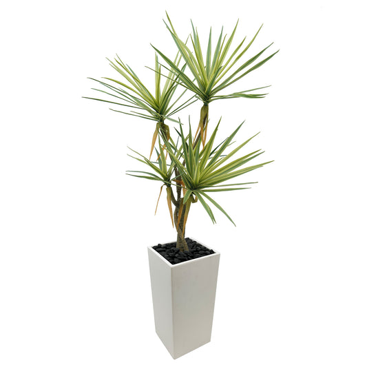 110cm Artificial Dracaena Tree, Fake Plant with White Planter- Realistic Faux Dragon Tree with 5 Trunks Planter - Indoor Floor Plant for Patio, Mall, Living Room, Bedroom, Office, Home,Decor