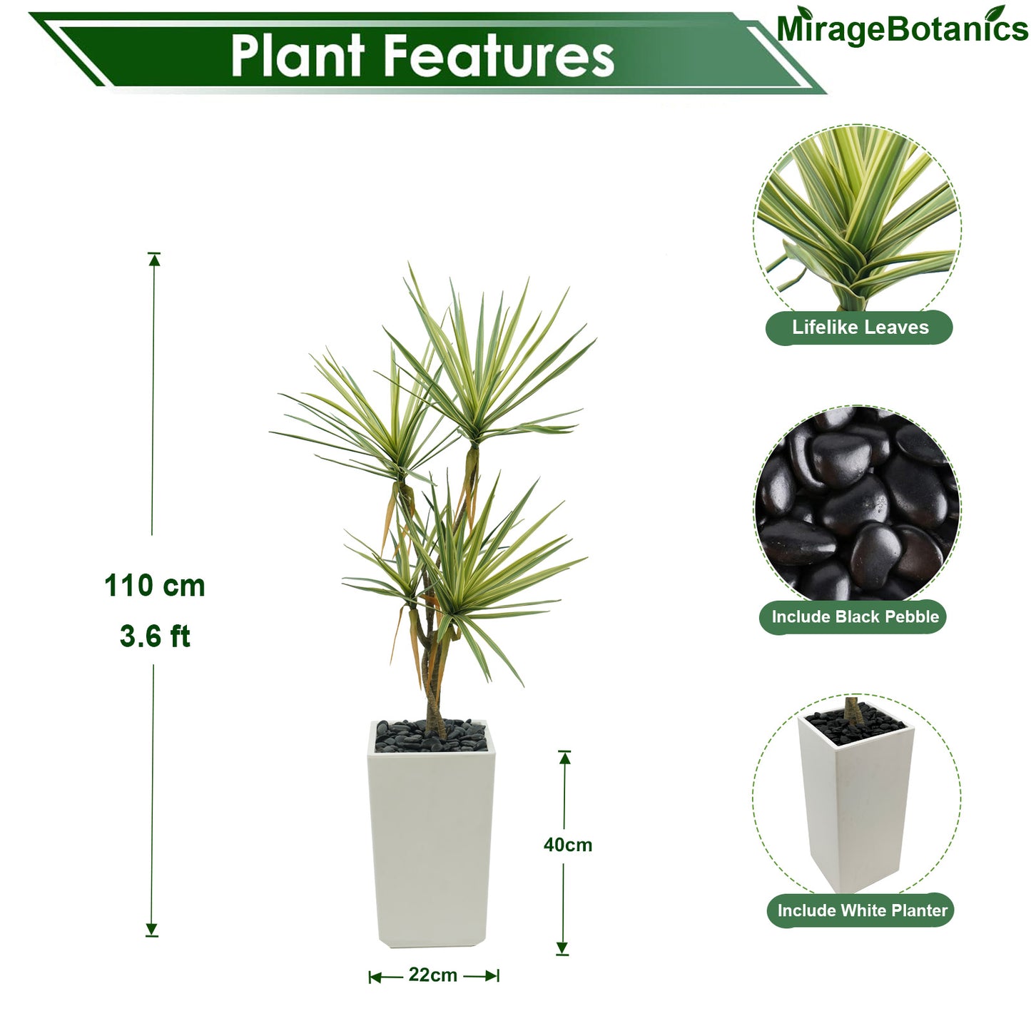 110cm Artificial Dracaena Tree, Fake Plant with White Planter- Realistic Faux Dragon Tree with 5 Trunks Planter - Indoor Floor Plant for Patio, Mall, Living Room, Bedroom, Office, Home,Decor