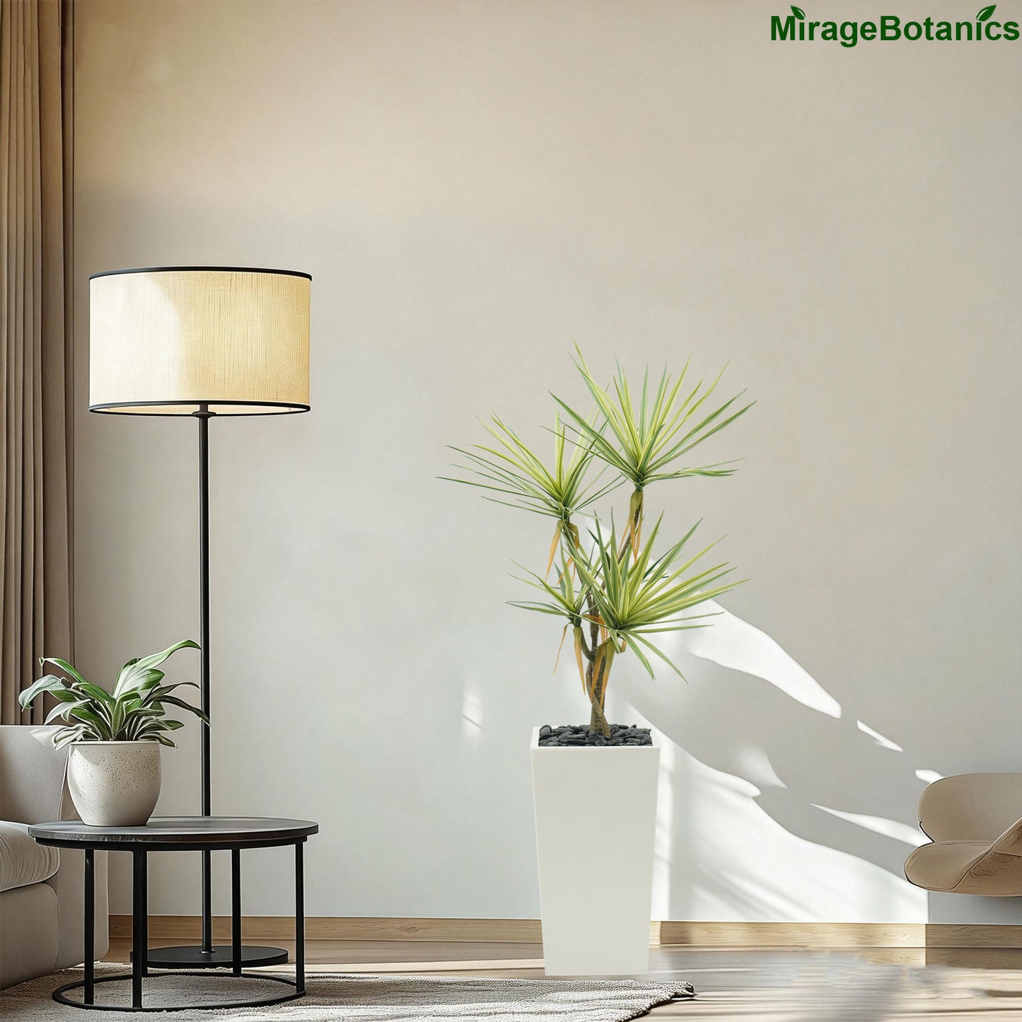 110cm Artificial Dracaena Tree, Fake Plant with White Planter- Realistic Faux Dragon Tree with 5 Trunks Planter - Indoor Floor Plant for Patio, Mall, Living Room, Bedroom, Office, Home,Decor