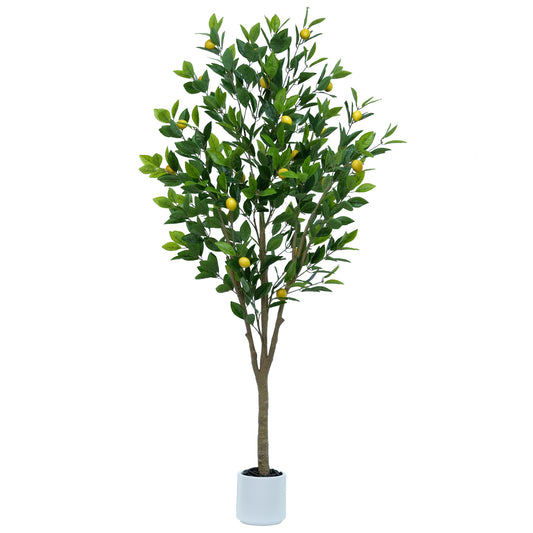 185cm Artificial Lemon Tree Indoor Outdoor - Faux Lemon Plant with Realistic Fruits & Natural Wood Trunk, Includes White Flower Pot for Home, Office, Mall, Hotel, Living Room, Meeting Room Decor