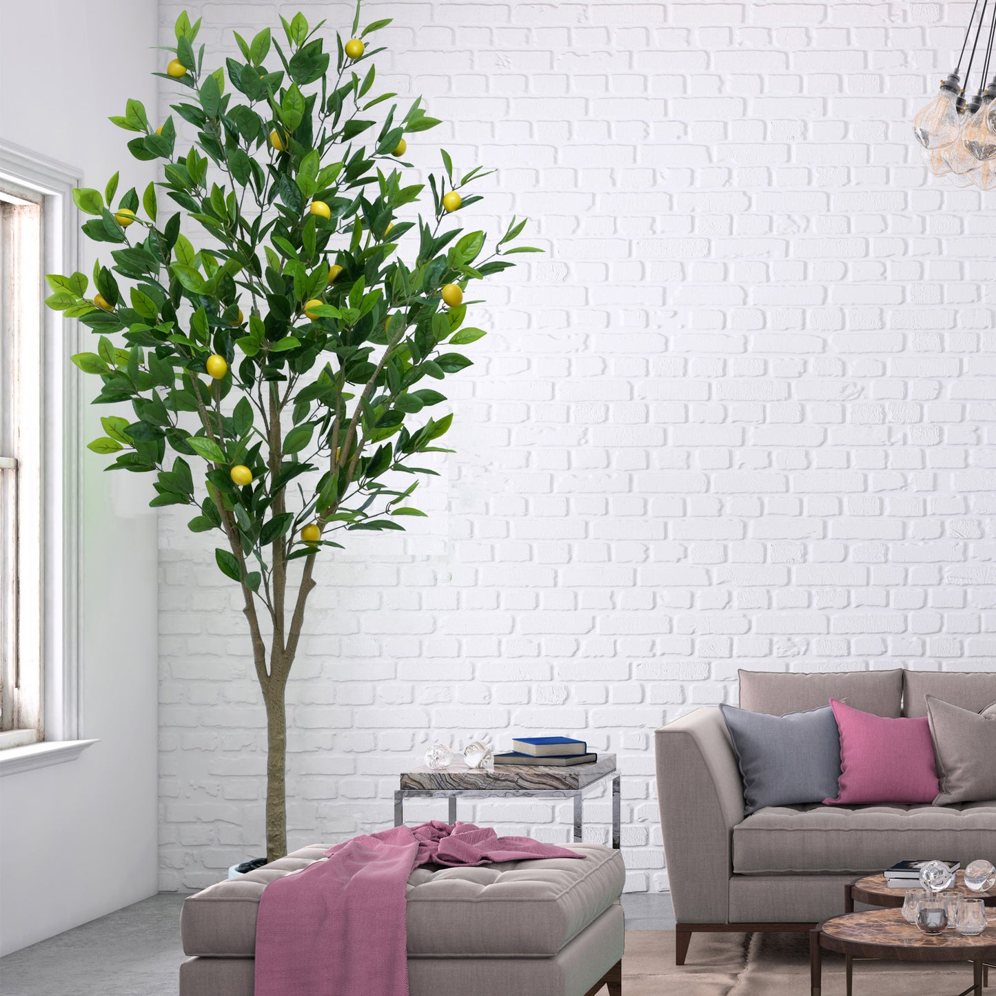 185cm Artificial Lemon Tree Indoor Outdoor - Faux Lemon Plant with Realistic Fruits & Natural Wood Trunk, Includes White Flower Pot for Home, Office, Mall, Hotel, Living Room, Meeting Room Decor