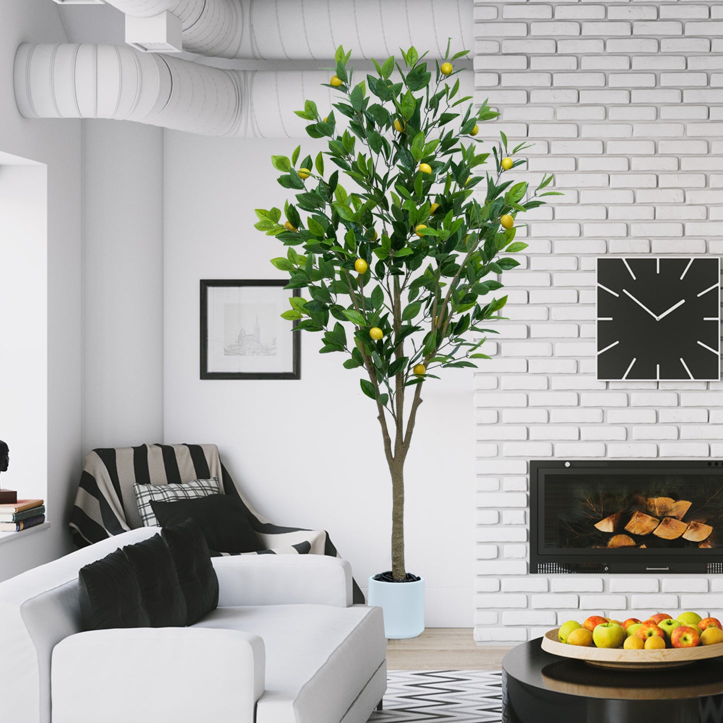 185cm Artificial Lemon Tree Indoor Outdoor - Faux Lemon Plant with Realistic Fruits & Natural Wood Trunk, Includes White Flower Pot for Home, Office, Mall, Hotel, Living Room, Meeting Room Decor
