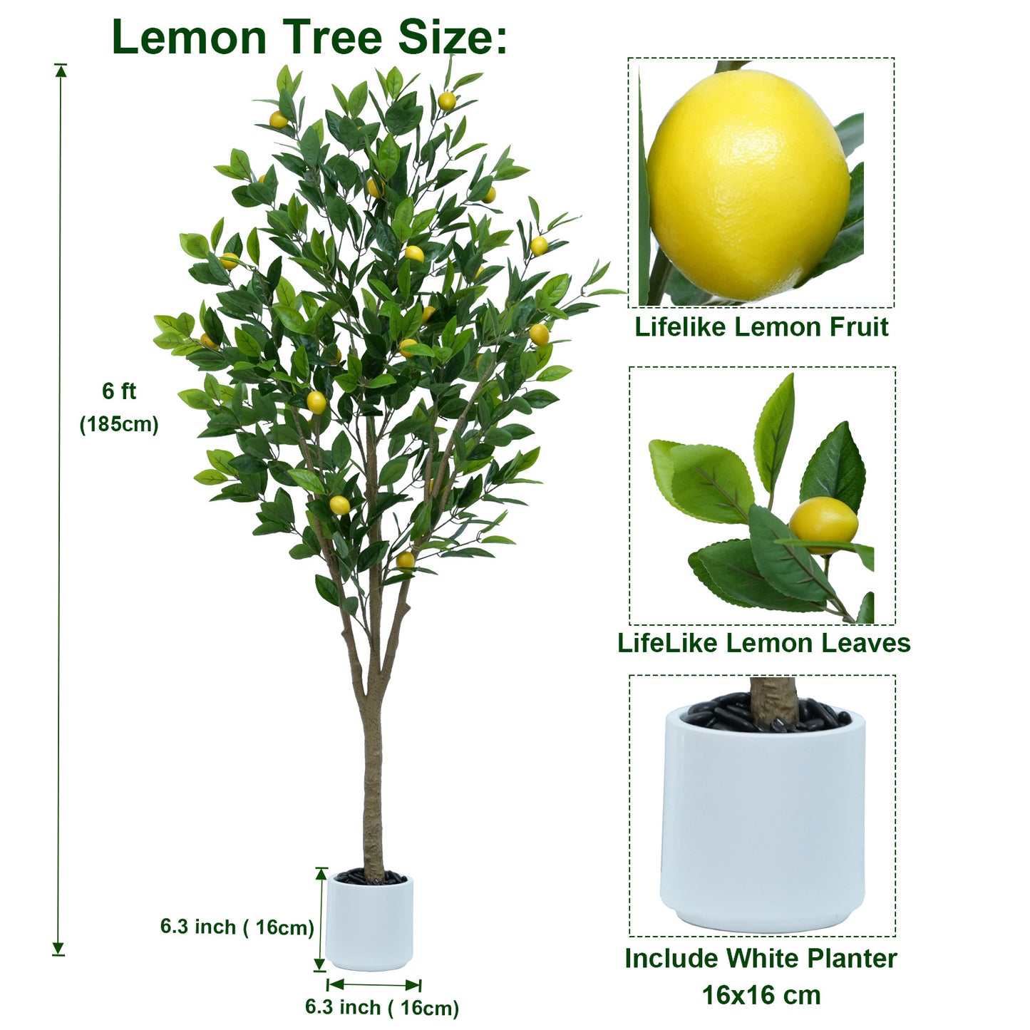 185cm Artificial Lemon Tree Indoor Outdoor - Faux Lemon Plant with Realistic Fruits & Natural Wood Trunk, Includes White Flower Pot for Home, Office, Mall, Hotel, Living Room, Meeting Room Decor