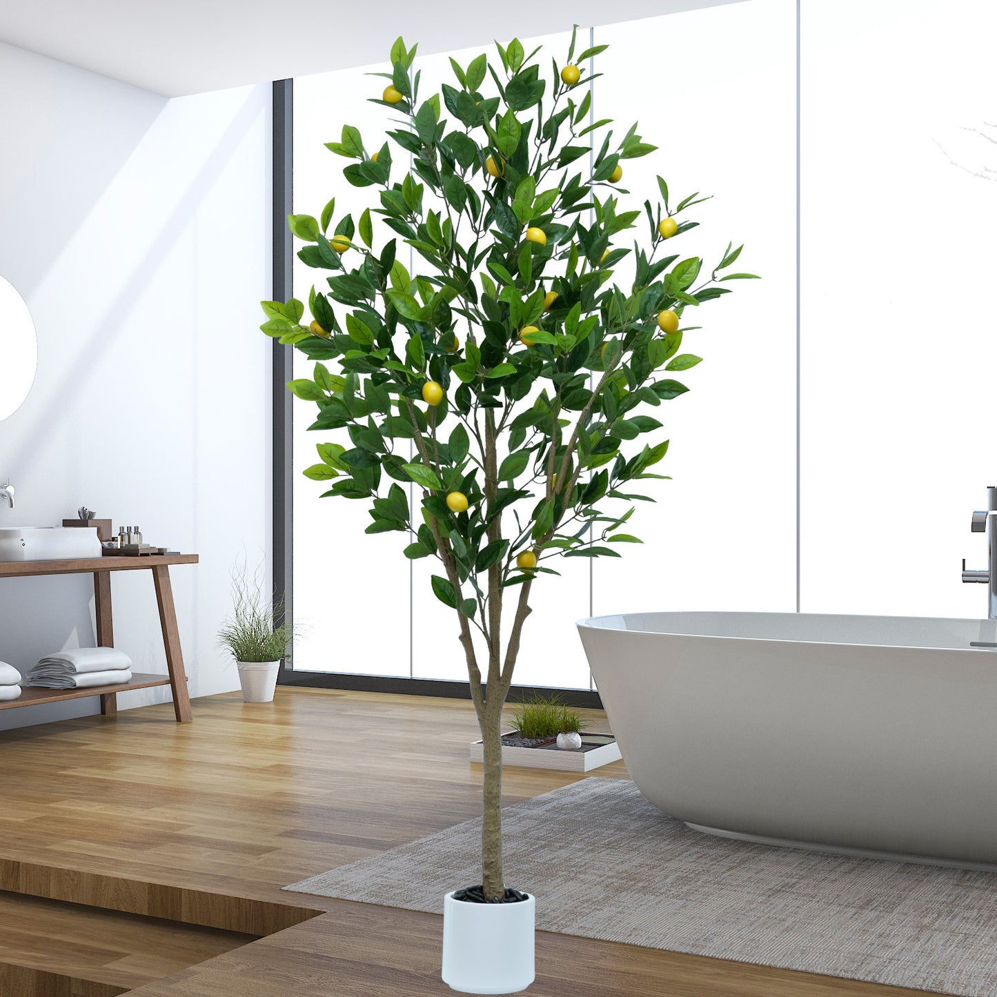 185cm Artificial Lemon Tree Indoor Outdoor - Faux Lemon Plant with Realistic Fruits & Natural Wood Trunk, Includes White Flower Pot for Home, Office, Mall, Hotel, Living Room, Meeting Room Decor