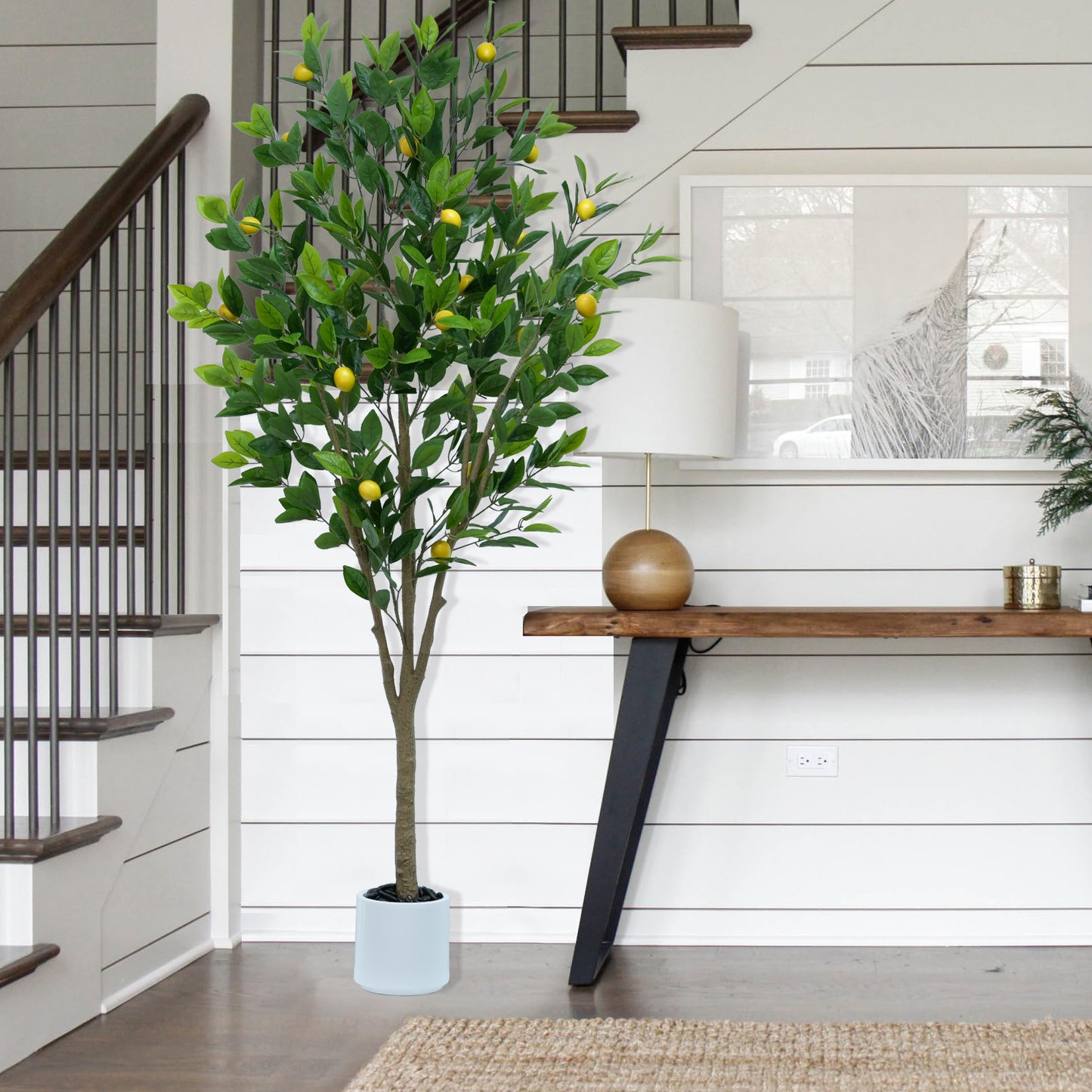 185cm Artificial Lemon Tree Indoor Outdoor - Faux Lemon Plant with Realistic Fruits & Natural Wood Trunk, Includes White Flower Pot for Home, Office, Mall, Hotel, Living Room, Meeting Room Decor
