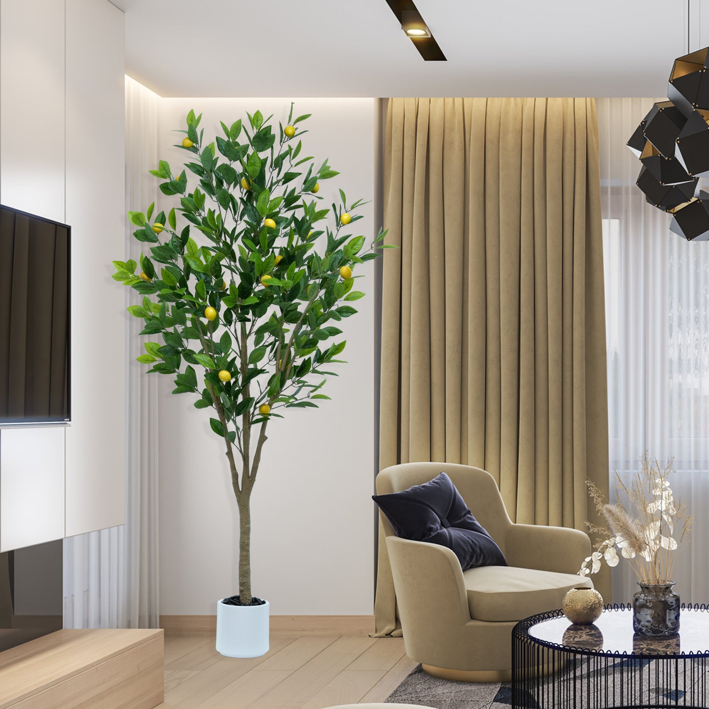 185cm Artificial Lemon Tree Indoor Outdoor - Faux Lemon Plant with Realistic Fruits & Natural Wood Trunk, Includes White Flower Pot for Home, Office, Mall, Hotel, Living Room, Meeting Room Decor