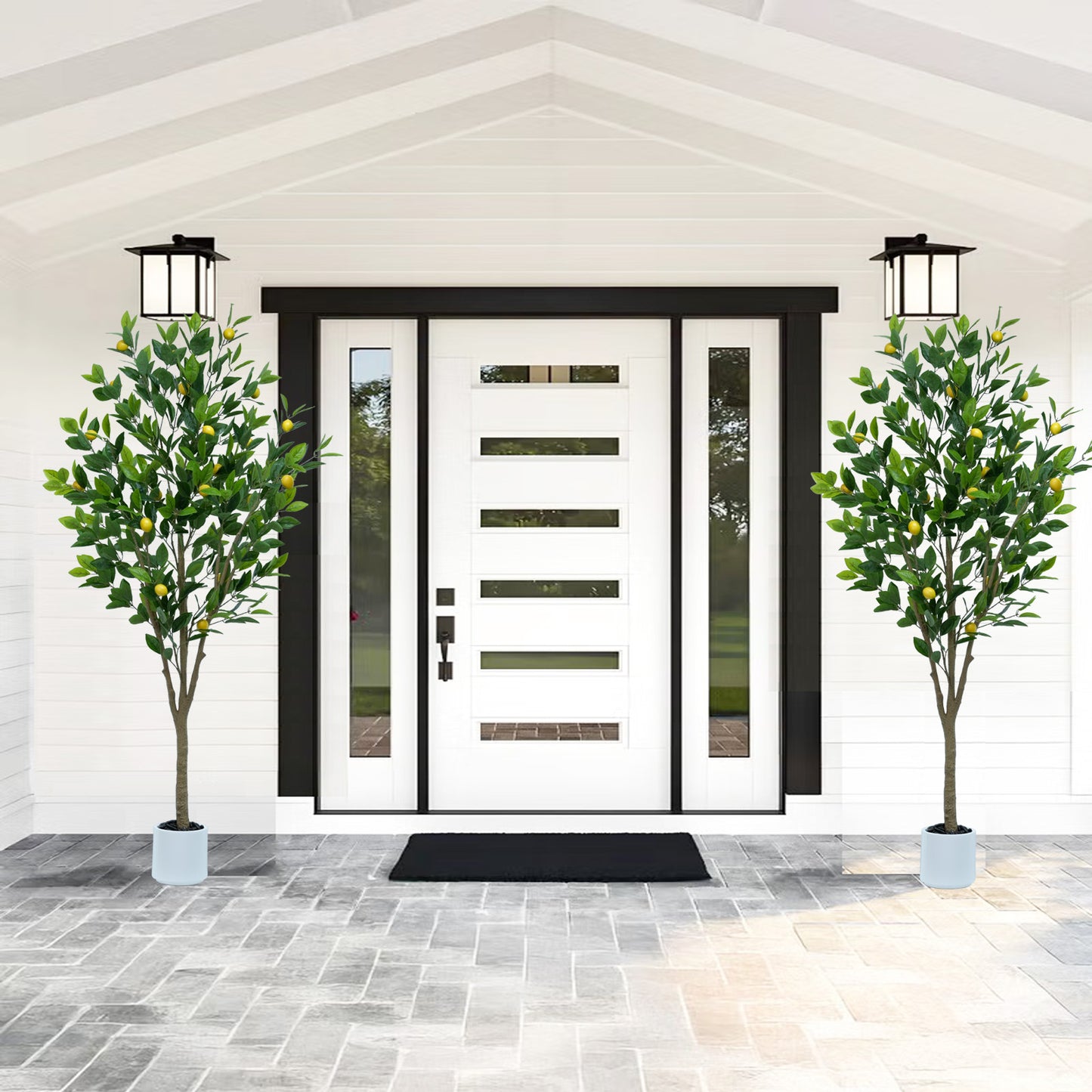 185cm Artificial Lemon Tree Indoor Outdoor - Faux Lemon Plant with Realistic Fruits & Natural Wood Trunk, Includes White Flower Pot for Home, Office, Mall, Hotel, Living Room, Meeting Room Decor