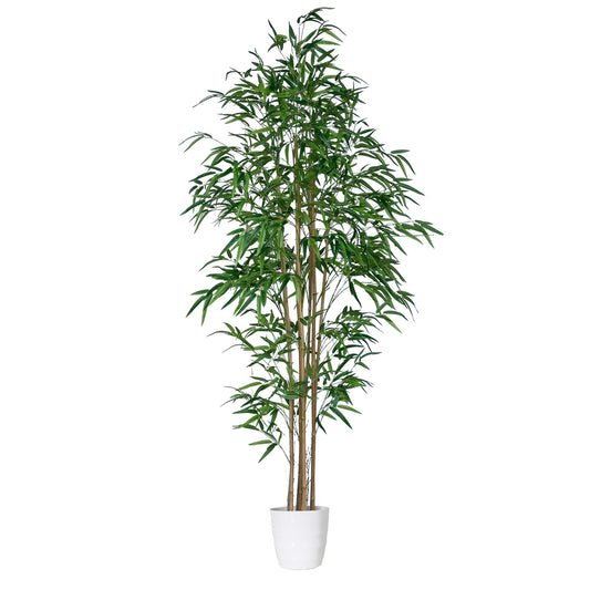 210cm Artificial Bamboo Tree with Tall White Planter - 7 Natural Bamboo Trunks & Silk Leaves, Realistic Faux Indoor Outdoor Plant for Home, Office, Living Room, Mall, Hotel, Garden Decor