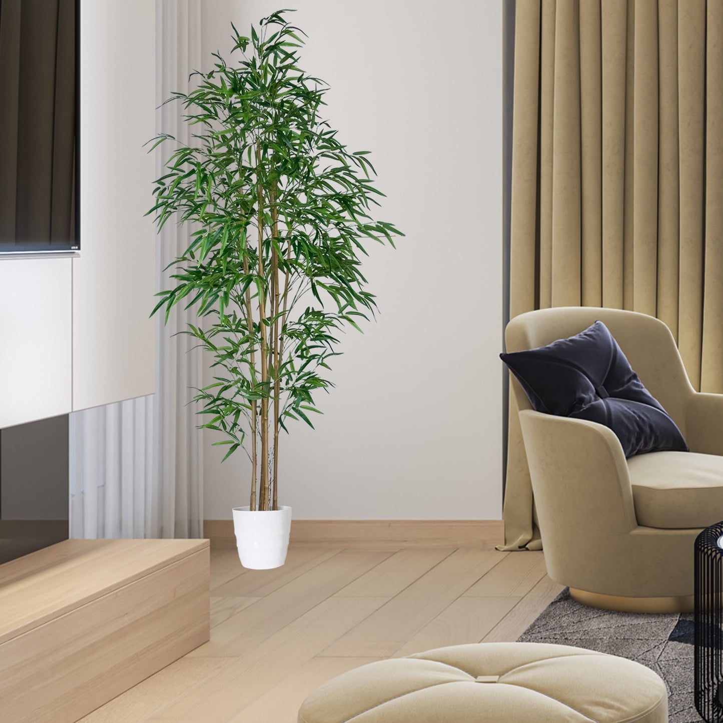 210cm Artificial Bamboo Tree with Tall White Planter - 7 Natural Bamboo Trunks & Silk Leaves, Realistic Faux Indoor Outdoor Plant for Home, Office, Living Room, Mall, Hotel, Garden Decor