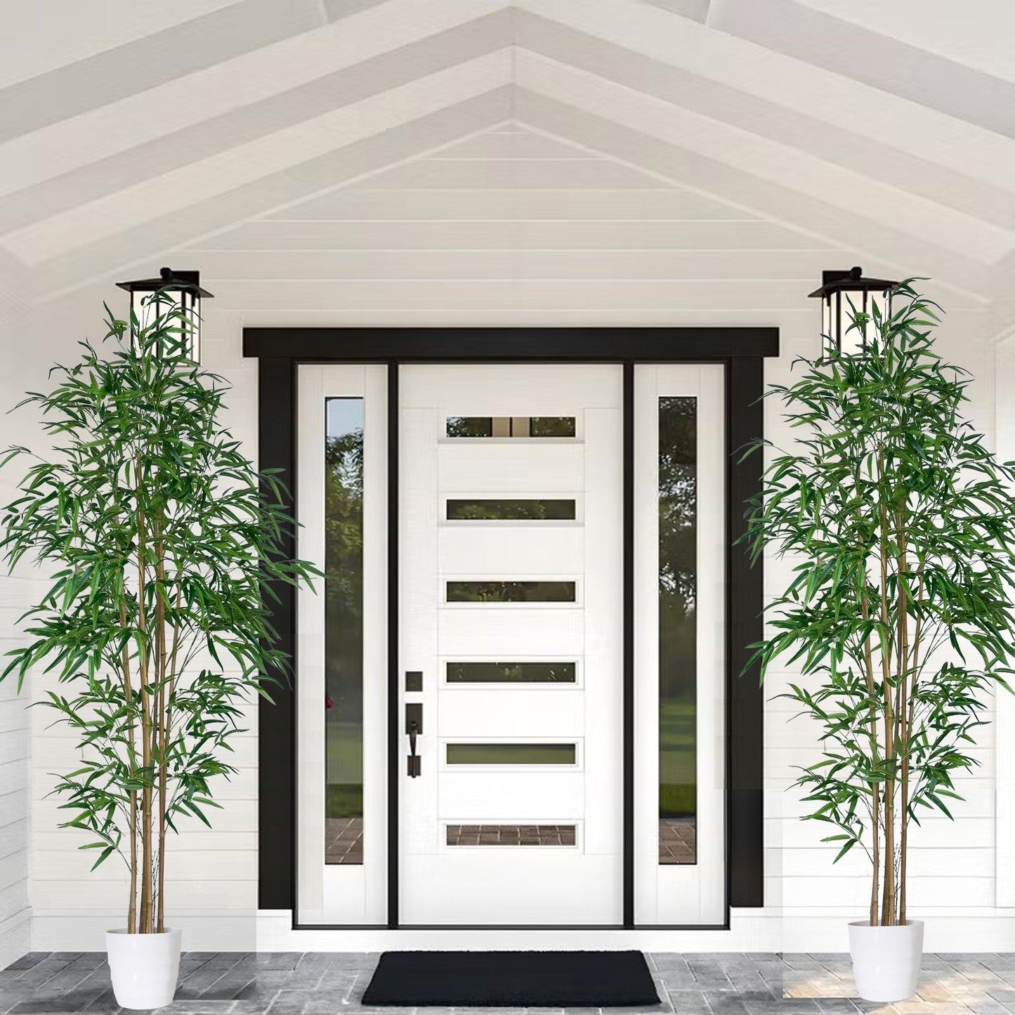 210cm Artificial Bamboo Tree with Tall White Planter - 7 Natural Bamboo Trunks & Silk Leaves, Realistic Faux Indoor Outdoor Plant for Home, Office, Living Room, Mall, Hotel, Garden Decor