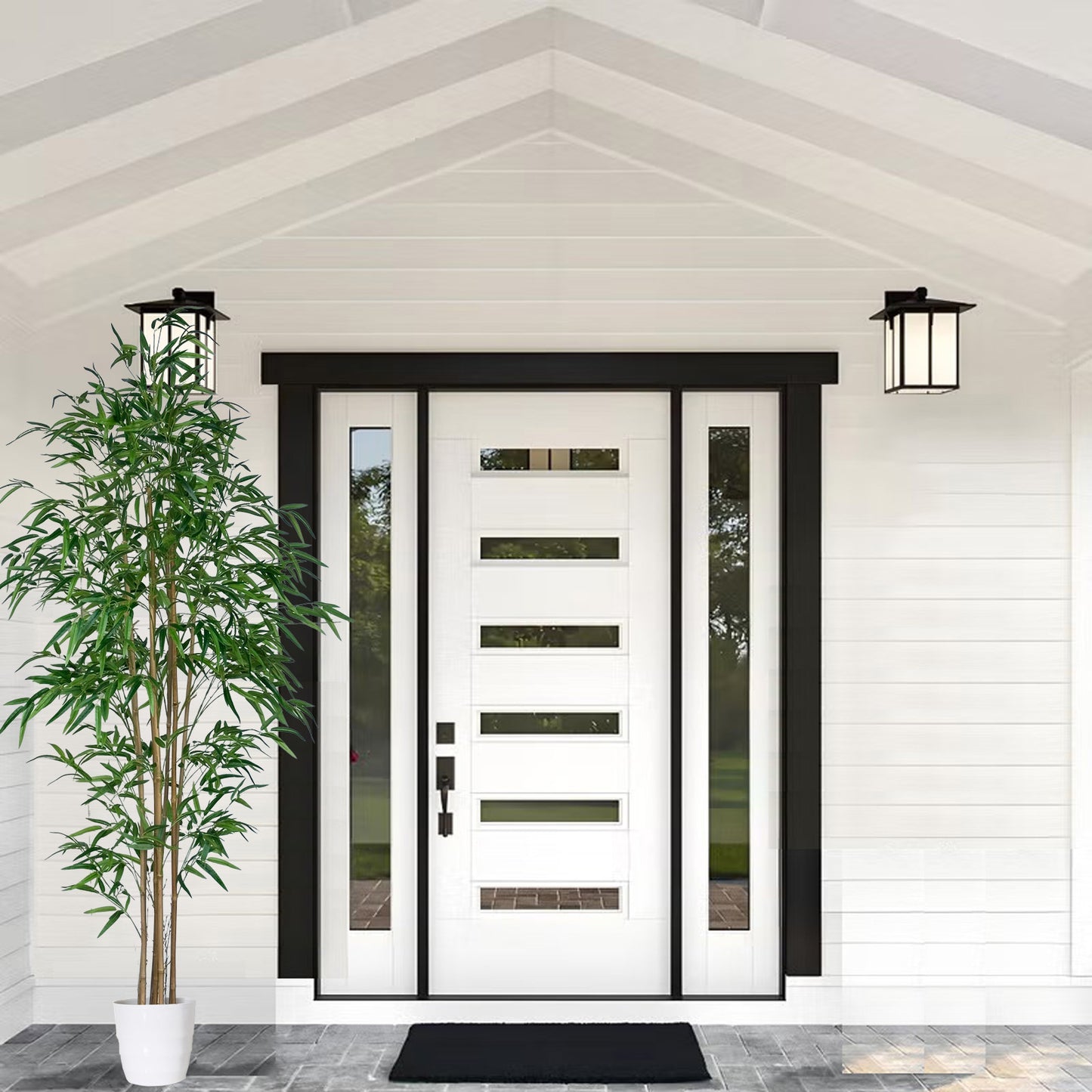 210cm Artificial Bamboo Tree with Tall White Planter - 7 Natural Bamboo Trunks & Silk Leaves, Realistic Faux Indoor Outdoor Plant for Home, Office, Living Room, Mall, Hotel, Garden Decor