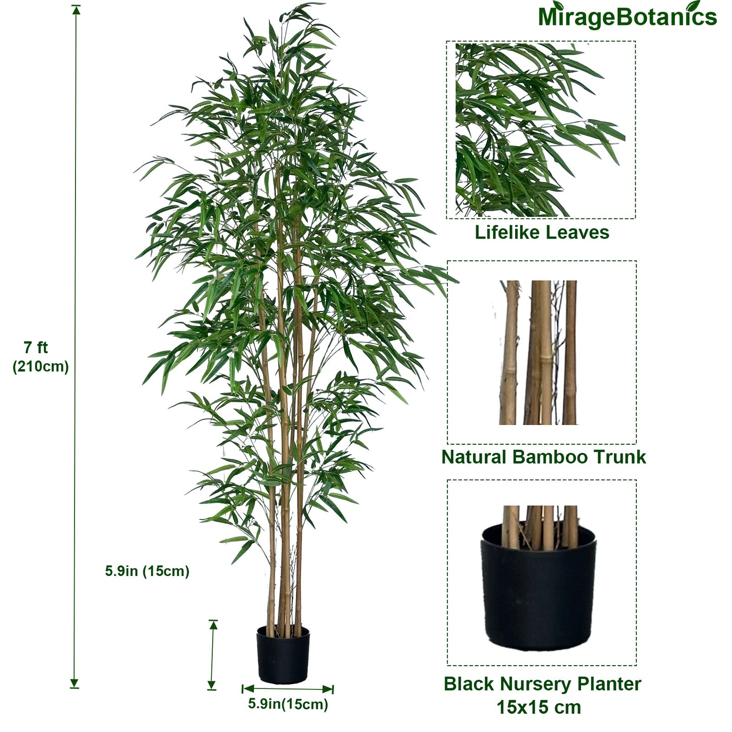 210cm Artificial Bamboo Tree with Tall White Planter - 7 Natural Bamboo Trunks & Silk Leaves, Realistic Faux Indoor Outdoor Plant for Home, Office, Living Room, Mall, Hotel, Garden Decor