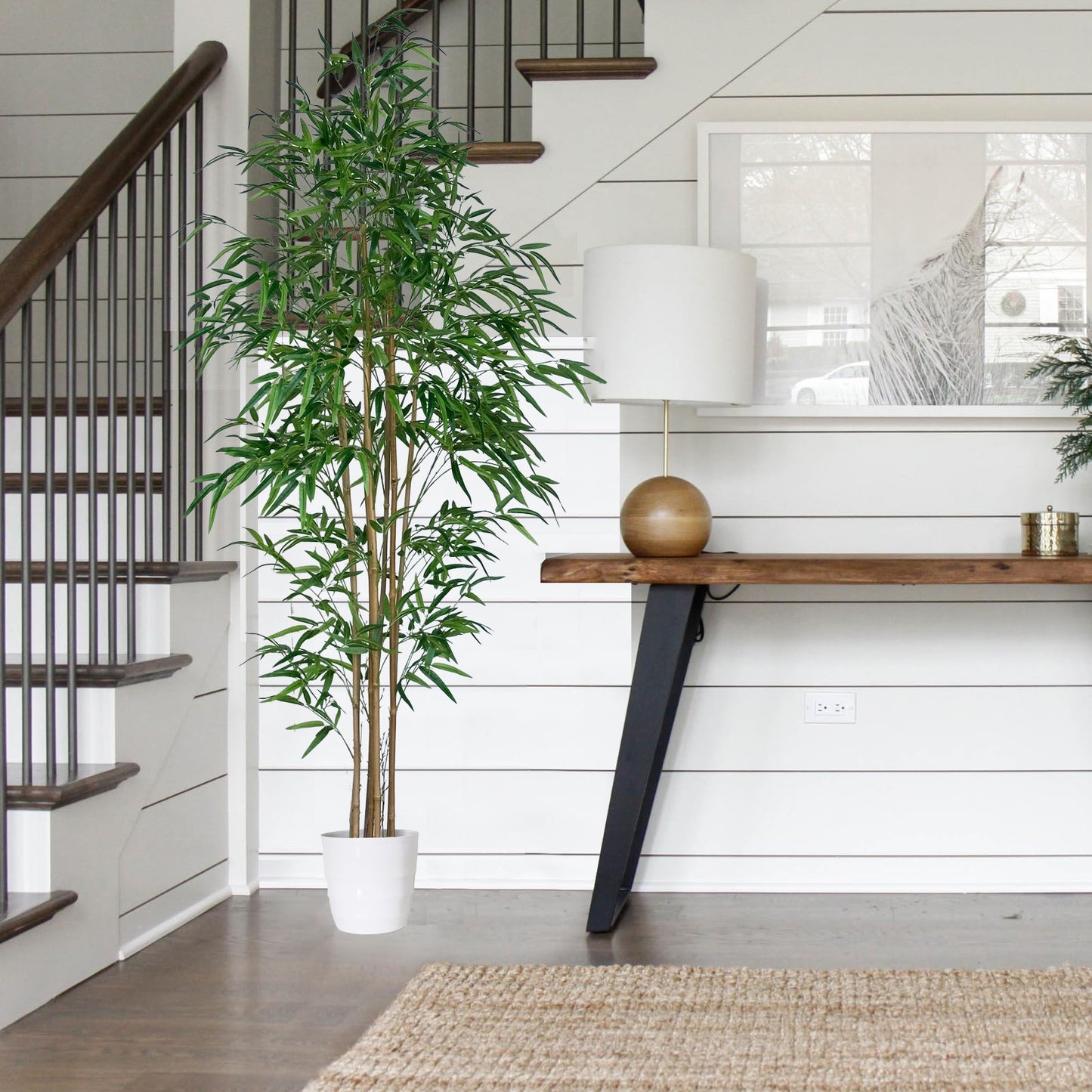 210cm Artificial Bamboo Tree with Tall White Planter - 7 Natural Bamboo Trunks & Silk Leaves, Realistic Faux Indoor Outdoor Plant for Home, Office, Living Room, Mall, Hotel, Garden Decor