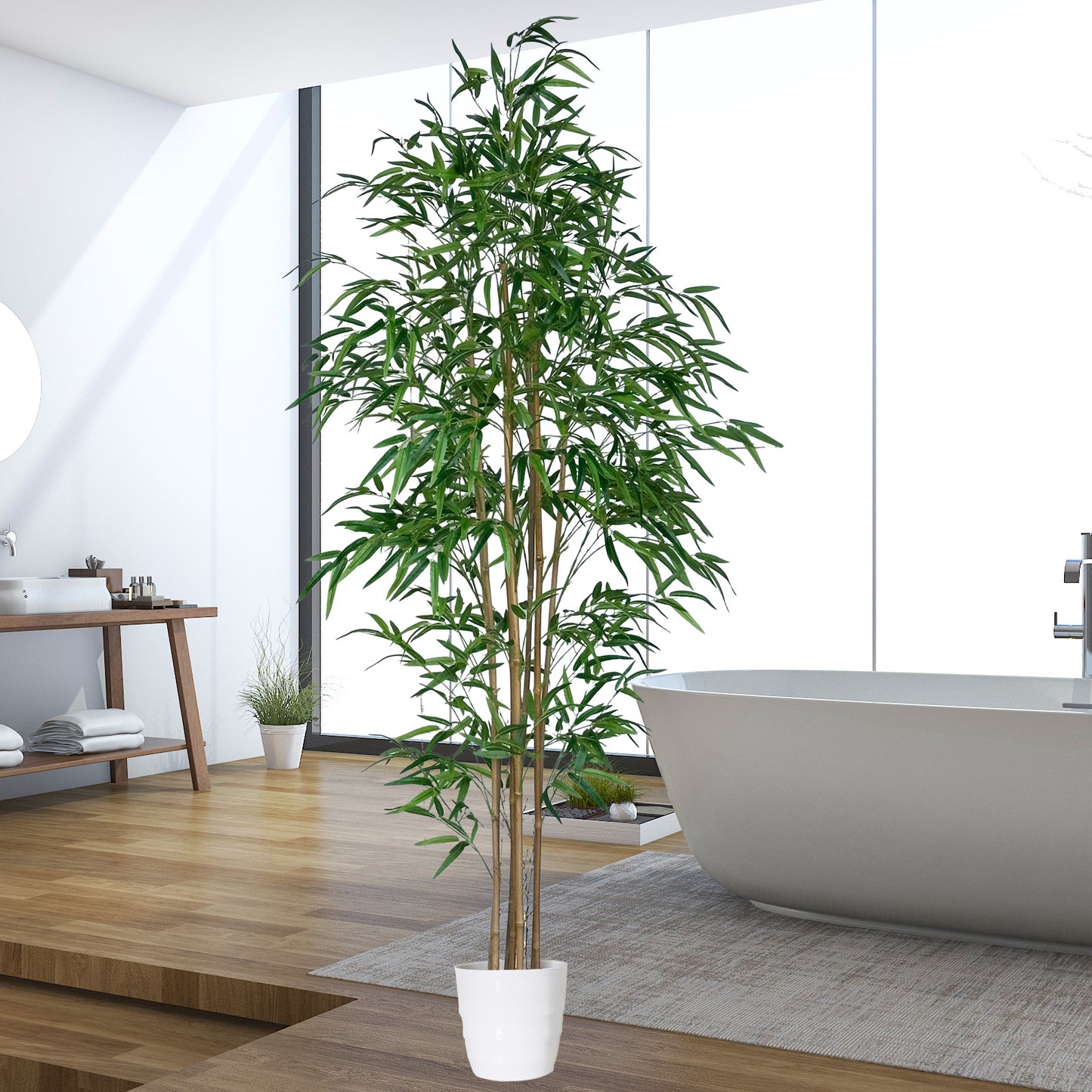210cm Artificial Bamboo Tree with Tall White Planter - 7 Natural Bamboo Trunks & Silk Leaves, Realistic Faux Indoor Outdoor Plant for Home, Office, Living Room, Mall, Hotel, Garden Decor