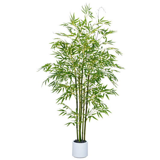 150cm Artificial Bamboo Tree with Tall White Planter - 5 Natural Bamboo Trunks & Silk Leaves, Realistic Faux Indoor Outdoor Plant for Home, Office, Living Room, Mall, Hotel, Garden Decor