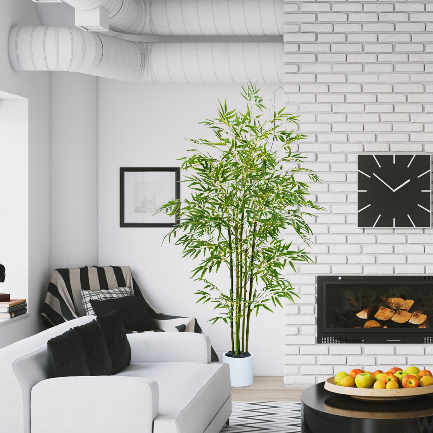 150cm Artificial Bamboo Tree with Tall White Planter - 5 Natural Bamboo Trunks & Silk Leaves, Realistic Faux Indoor Outdoor Plant for Home, Office, Living Room, Mall, Hotel, Garden Decor