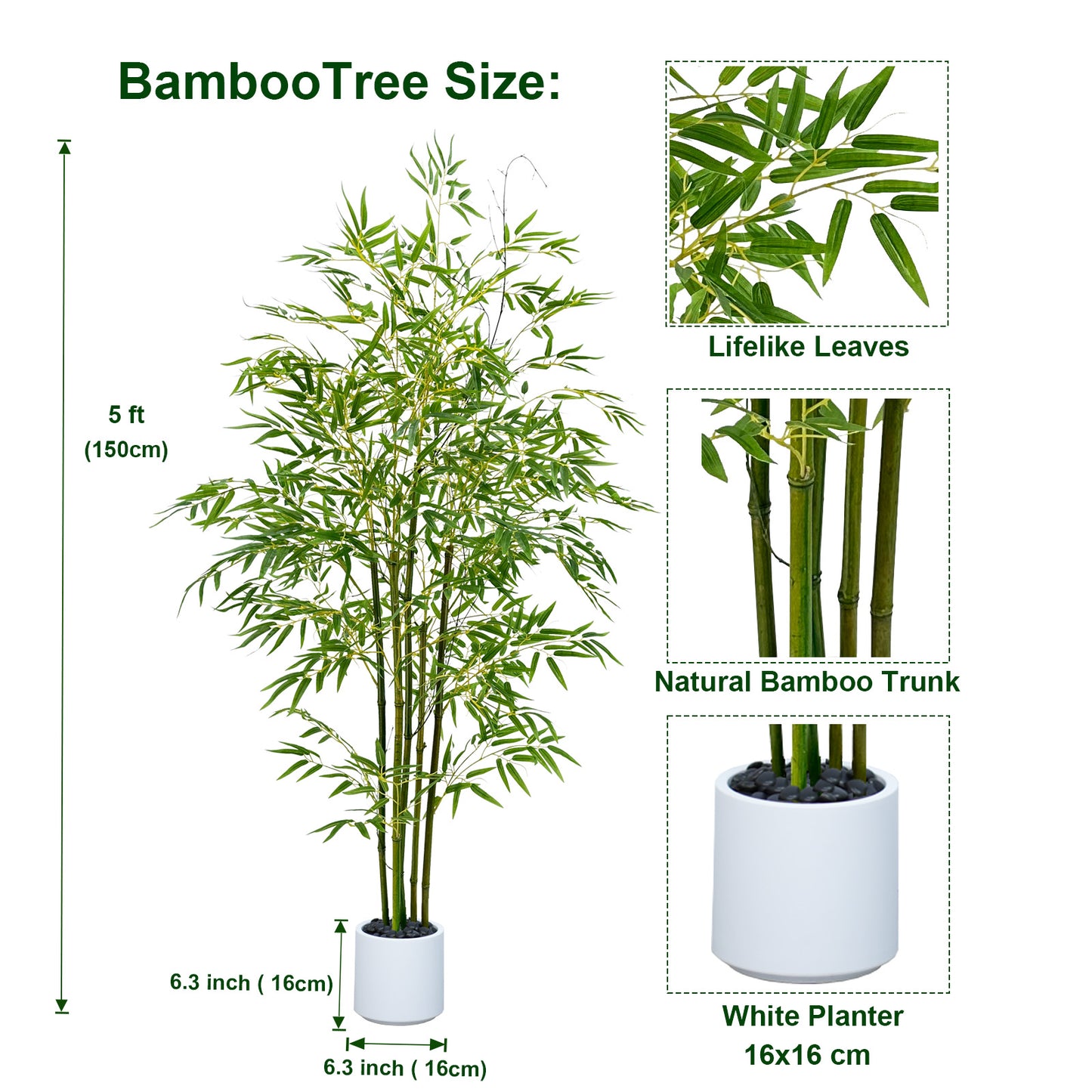 150cm Artificial Bamboo Tree with Tall White Planter - 5 Natural Bamboo Trunks & Silk Leaves, Realistic Faux Indoor Outdoor Plant for Home, Office, Living Room, Mall, Hotel, Garden Decor