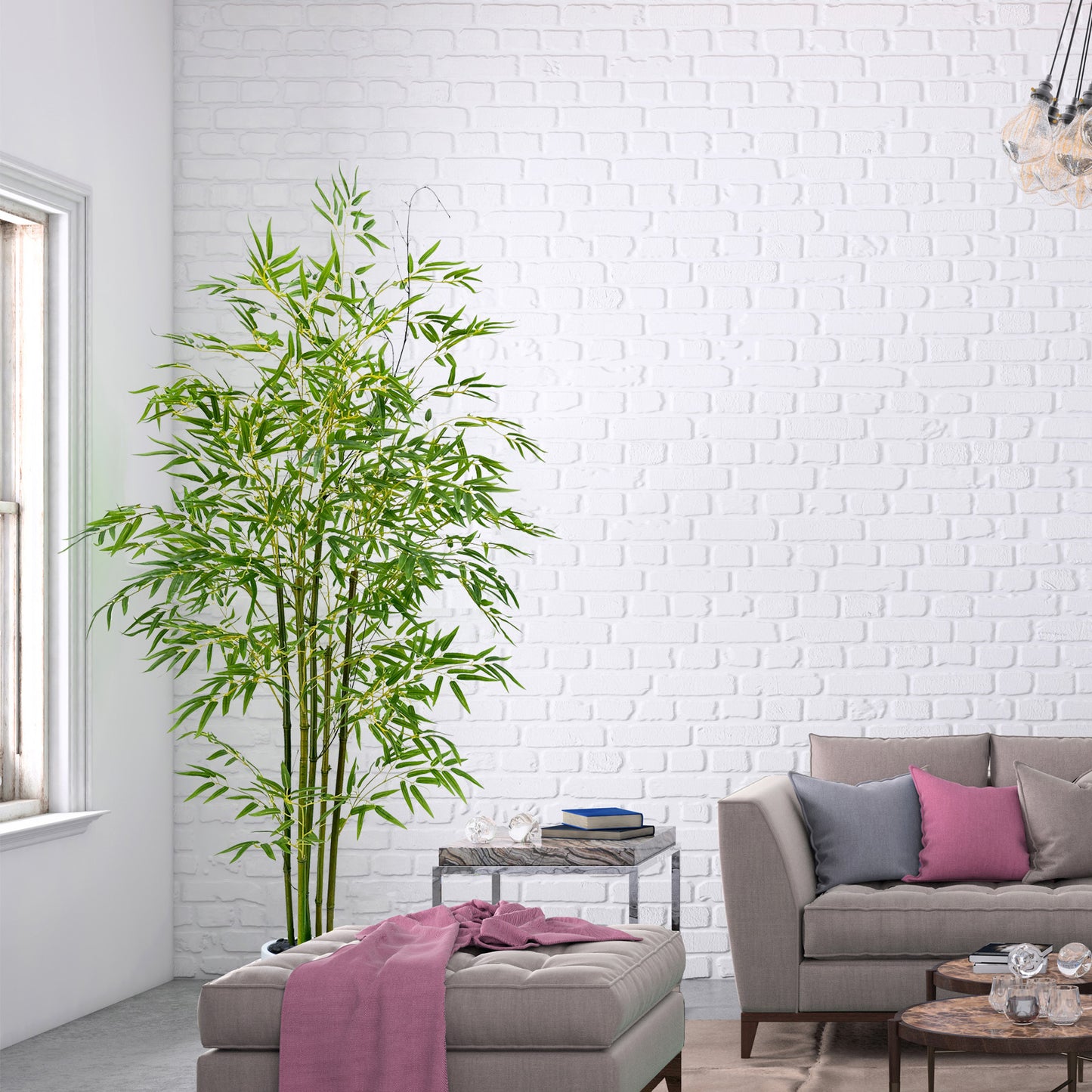 150cm Artificial Bamboo Tree with Tall White Planter - 5 Natural Bamboo Trunks & Silk Leaves, Realistic Faux Indoor Outdoor Plant for Home, Office, Living Room, Mall, Hotel, Garden Decor