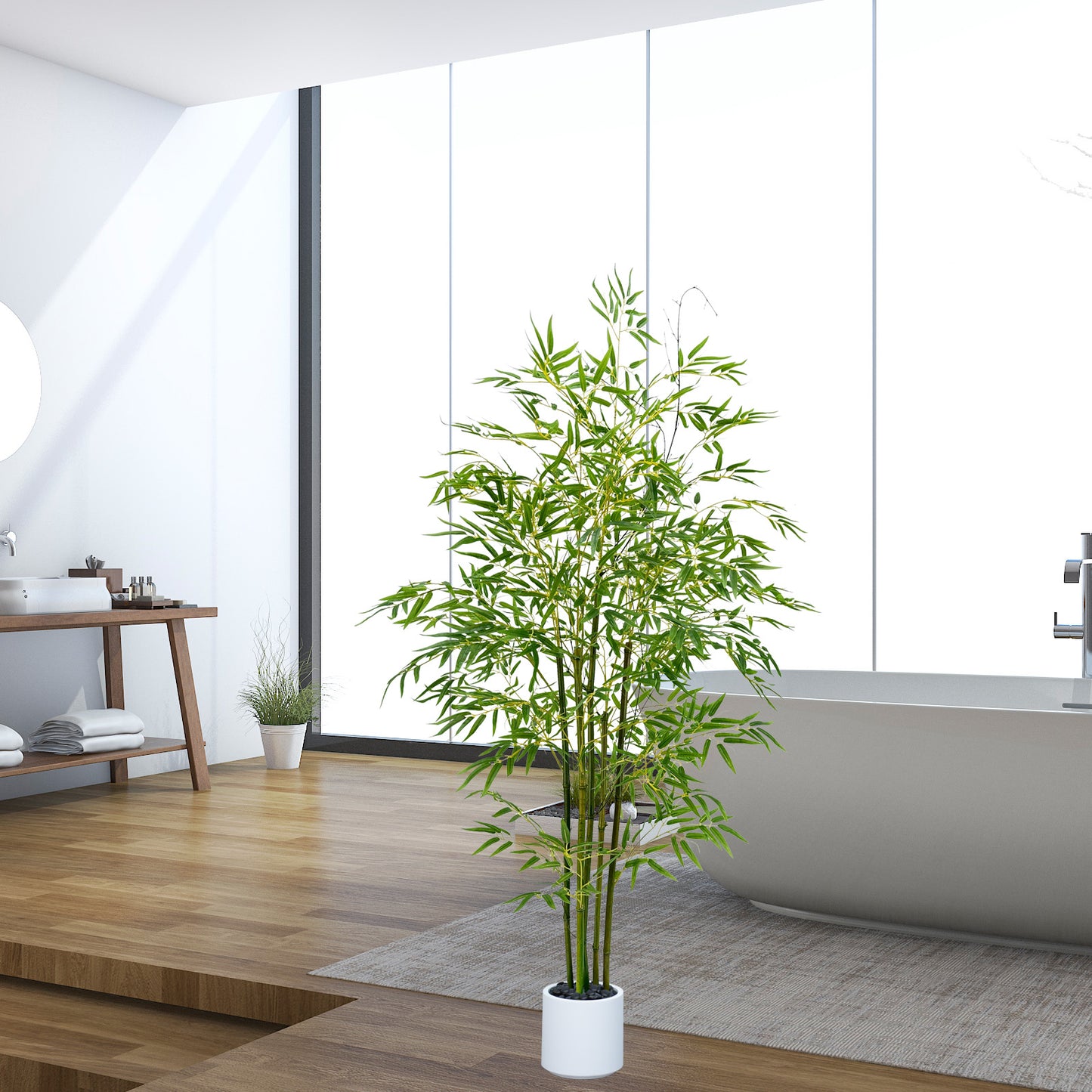 150cm Artificial Bamboo Tree with Tall White Planter - 5 Natural Bamboo Trunks & Silk Leaves, Realistic Faux Indoor Outdoor Plant for Home, Office, Living Room, Mall, Hotel, Garden Decor