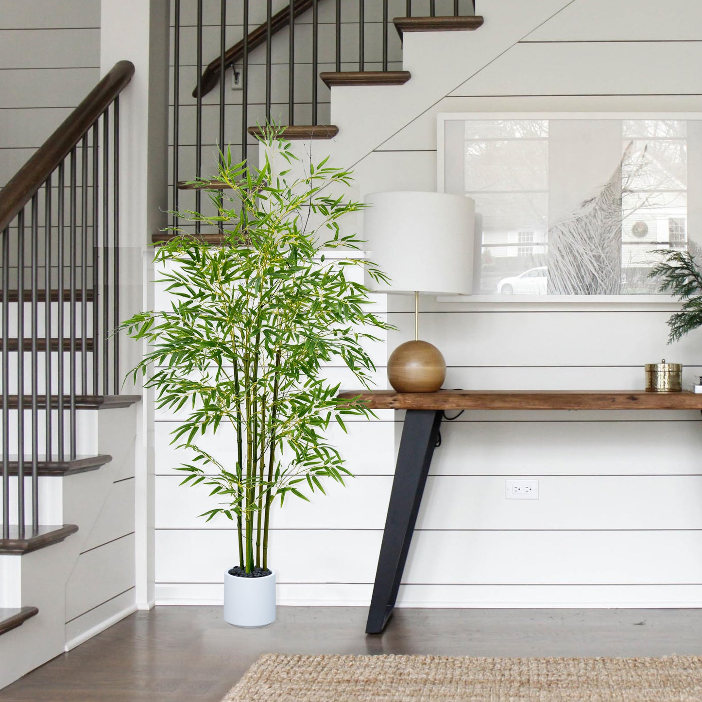 150cm Artificial Bamboo Tree with Tall White Planter - 5 Natural Bamboo Trunks & Silk Leaves, Realistic Faux Indoor Outdoor Plant for Home, Office, Living Room, Mall, Hotel, Garden Decor