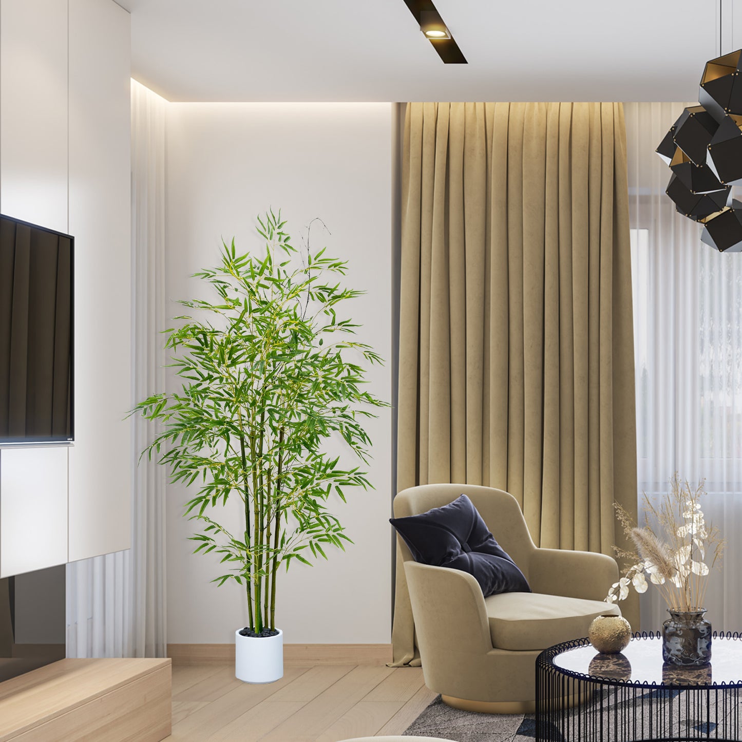 150cm Artificial Bamboo Tree with Tall White Planter - 5 Natural Bamboo Trunks & Silk Leaves, Realistic Faux Indoor Outdoor Plant for Home, Office, Living Room, Mall, Hotel, Garden Decor