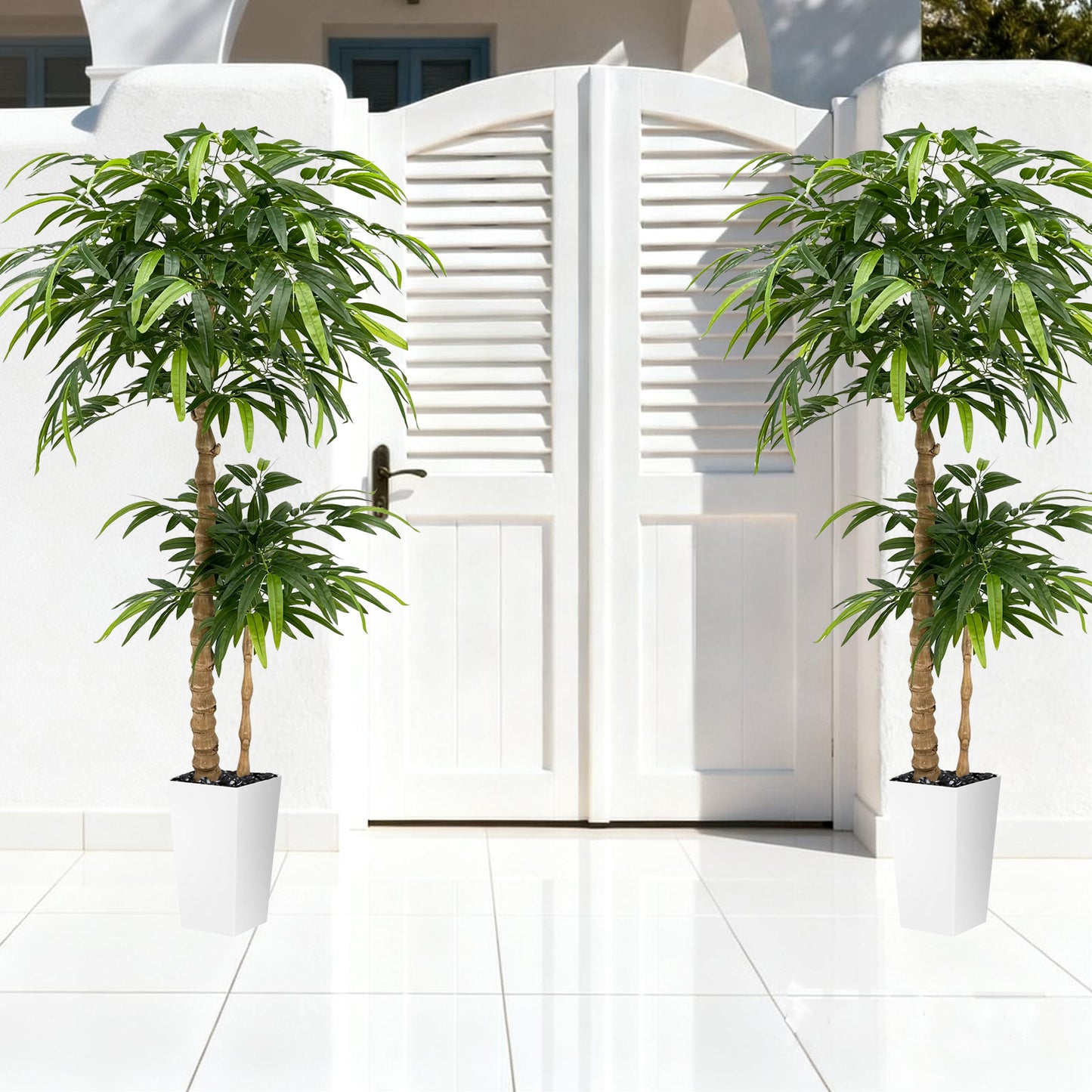 150cm Artificial Bamboo Tree with White Planter - Realistic Fake Bamboo Tree with Bark Trunk, Branches & Leaves, Artificial tree Heavy-Duty Plastic & Metal Wire Frame Suitable for Indoor Home Decor