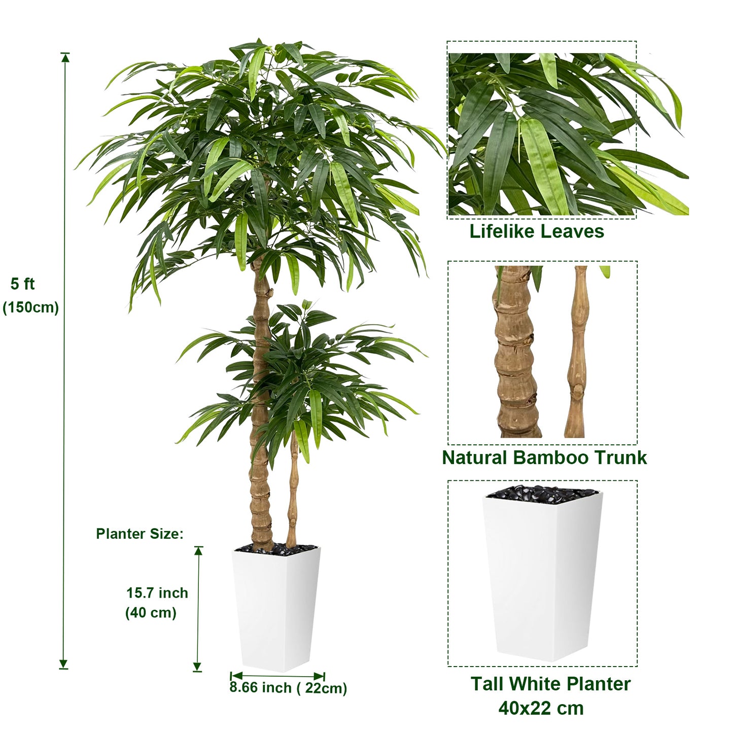 150cm Artificial Bamboo Tree with White Planter - Realistic Fake Bamboo Tree with Bark Trunk, Branches & Leaves, Artificial tree Heavy-Duty Plastic & Metal Wire Frame Suitable for Indoor Home Decor