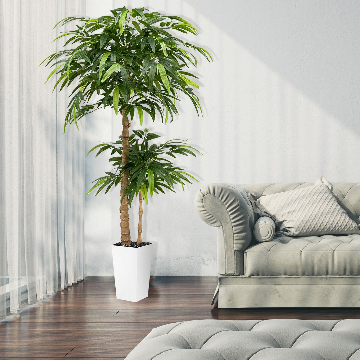 150cm Artificial Bamboo Tree with White Planter - Realistic Fake Bamboo Tree with Bark Trunk, Branches & Leaves, Artificial tree Heavy-Duty Plastic & Metal Wire Frame Suitable for Indoor Home Decor