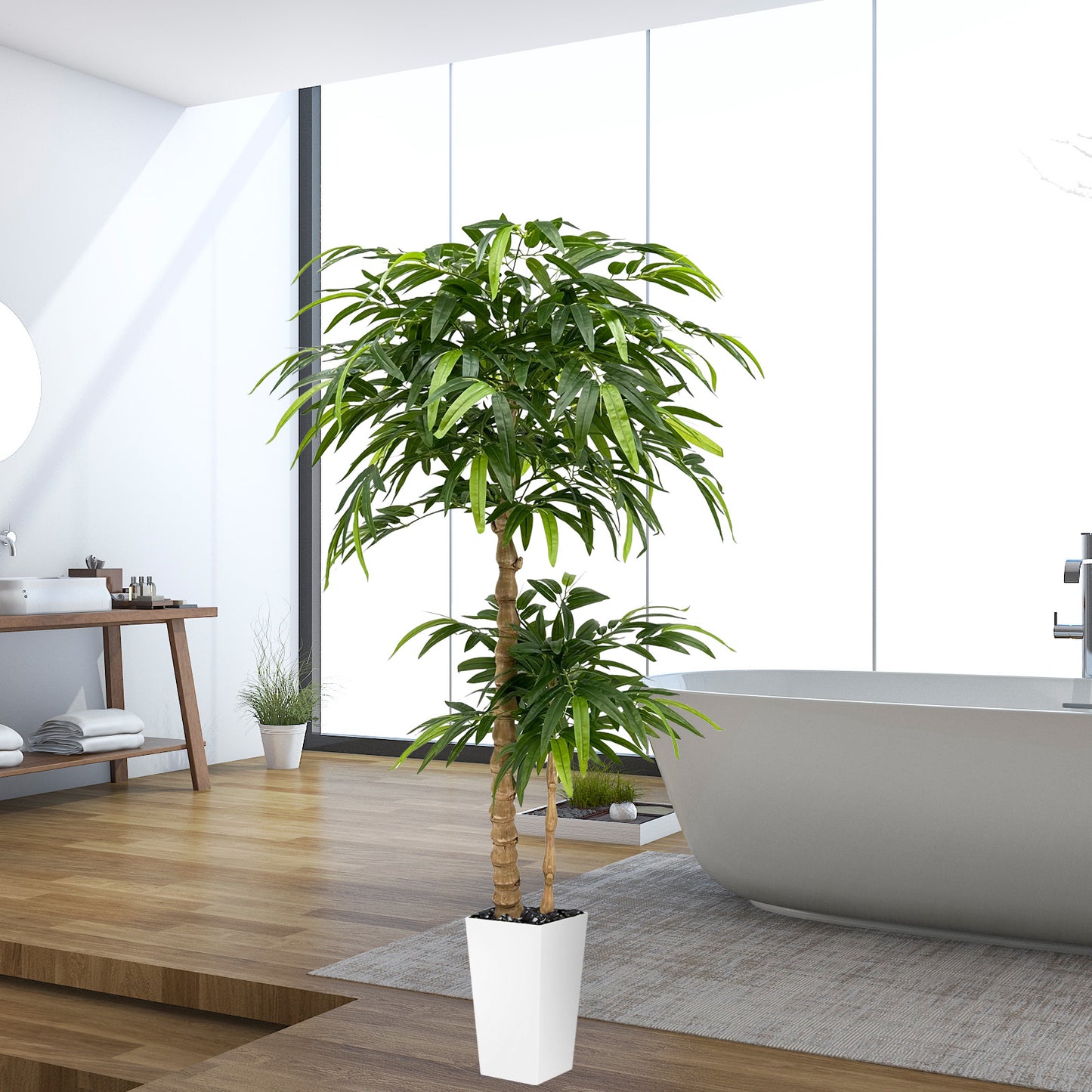 150cm Artificial Bamboo Tree with White Planter - Realistic Fake Bamboo Tree with Bark Trunk, Branches & Leaves, Artificial tree Heavy-Duty Plastic & Metal Wire Frame Suitable for Indoor Home Decor
