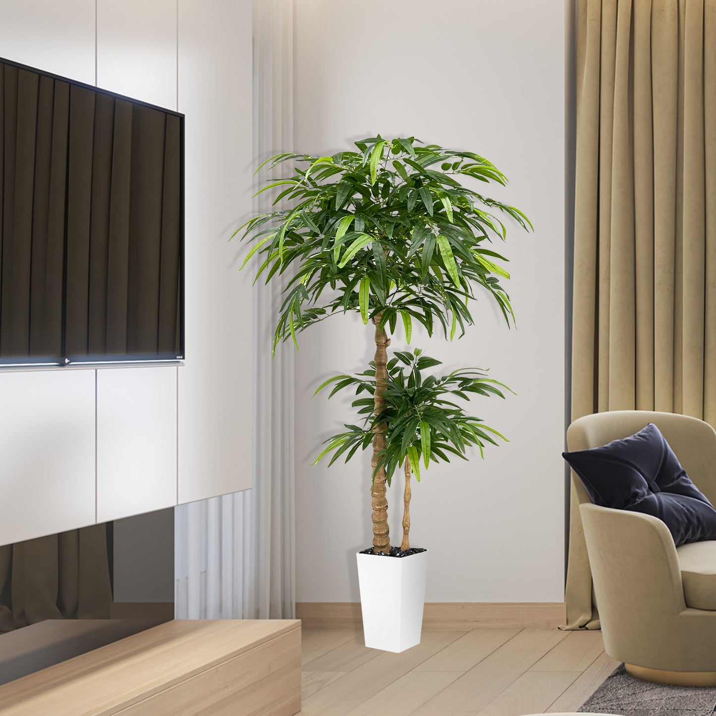 150cm Artificial Bamboo Tree with White Planter - Realistic Fake Bamboo Tree with Bark Trunk, Branches & Leaves, Artificial tree Heavy-Duty Plastic & Metal Wire Frame Suitable for Indoor Home Decor