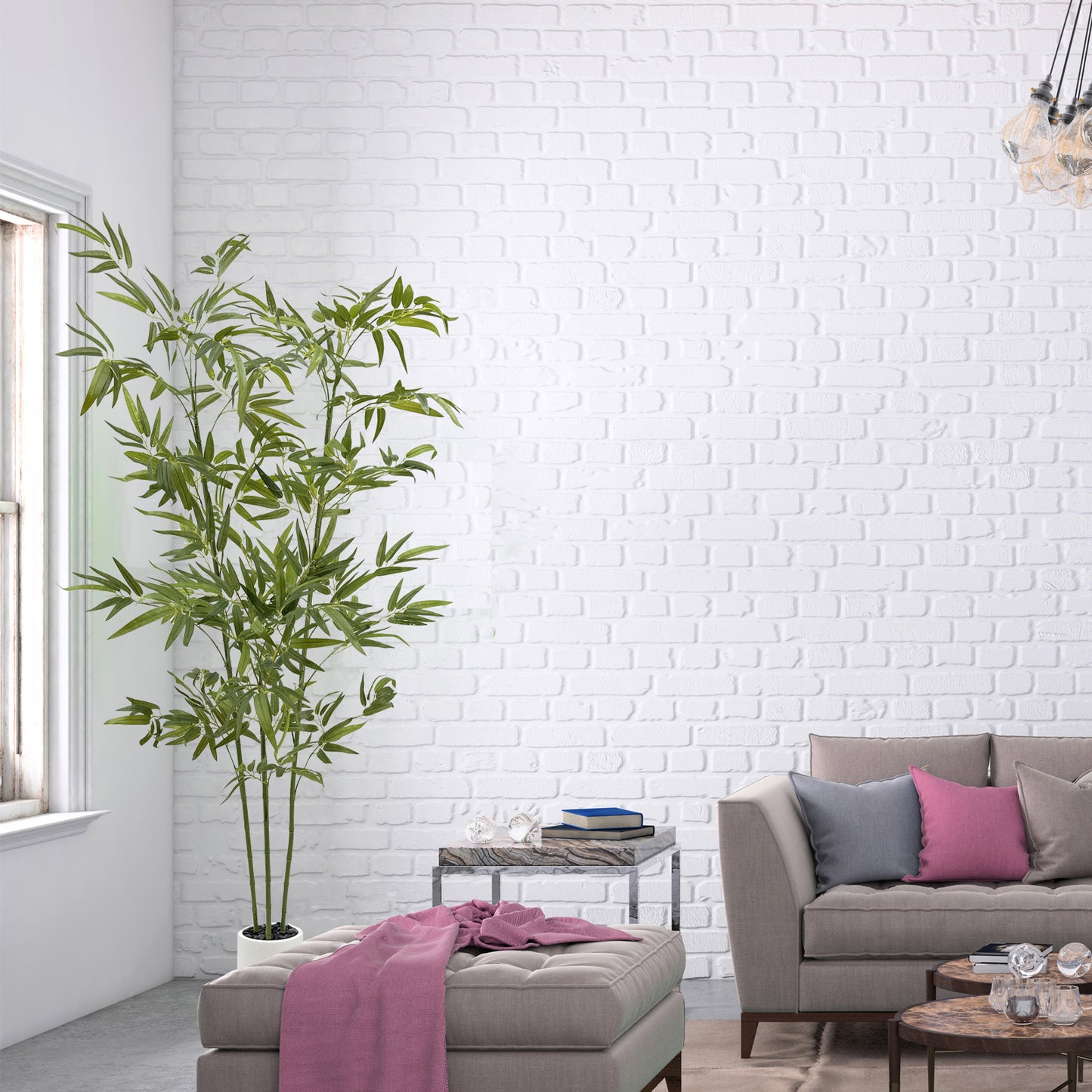 160cm Artificial Bamboo Tree with Tall White Planter - 3 Lifelike Natural Trunks & Silk Leaves, Realistic Faux Indoor Outdoor Plant for Home, Office, Living Room, Mall, Hotel, Garden Decor
