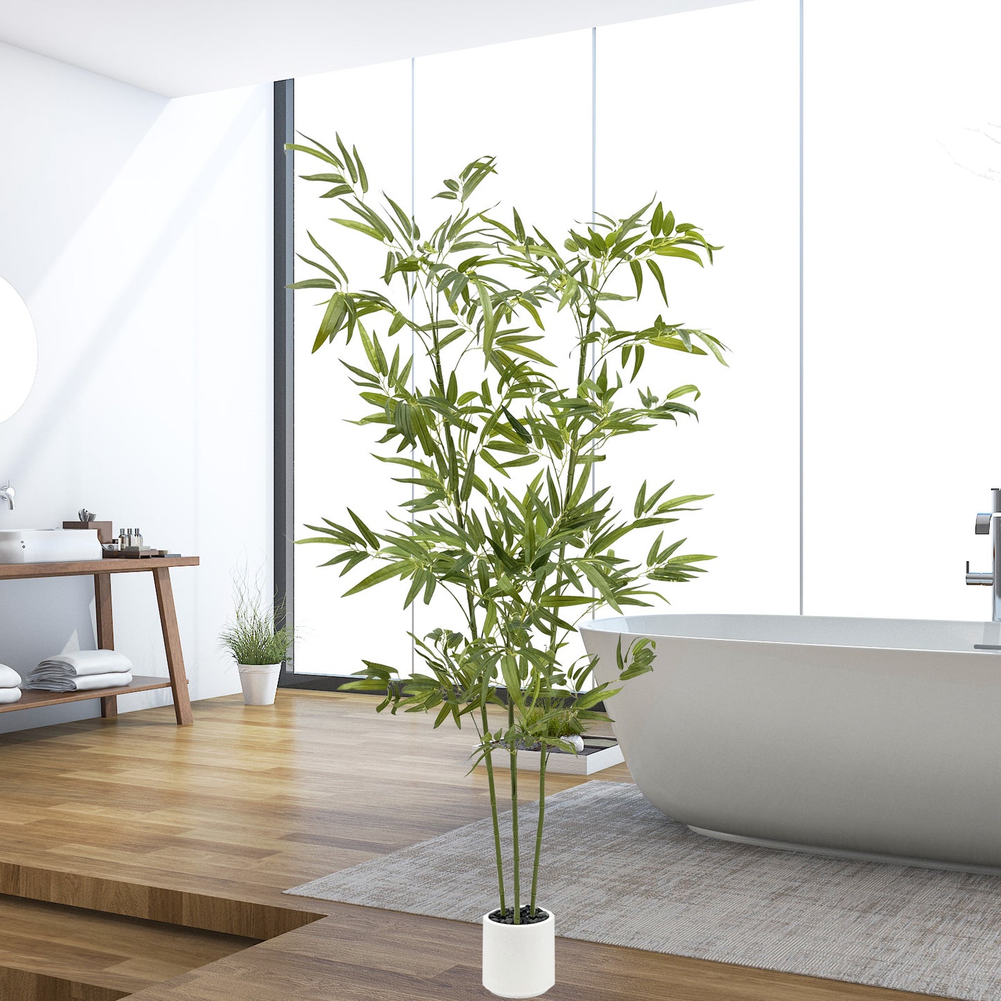 160cm Artificial Bamboo Tree with Tall White Planter - 3 Lifelike Natural Trunks & Silk Leaves, Realistic Faux Indoor Outdoor Plant for Home, Office, Living Room, Mall, Hotel, Garden Decor